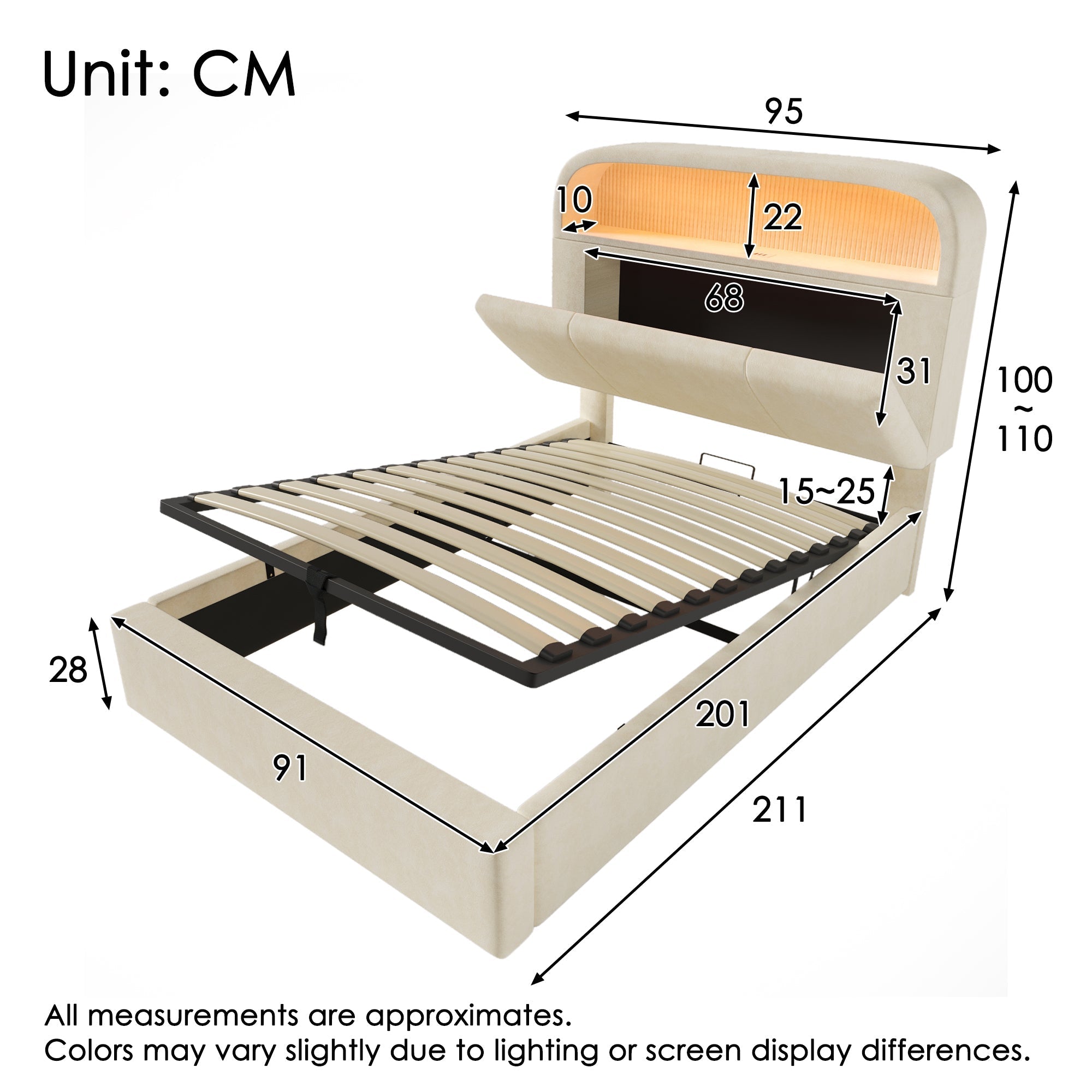 Upholstered Single Bed 90x200cm Hydraulic Storage LED USB/Type-C Adjustable Headboard - Velvet Beige (With Mattress)