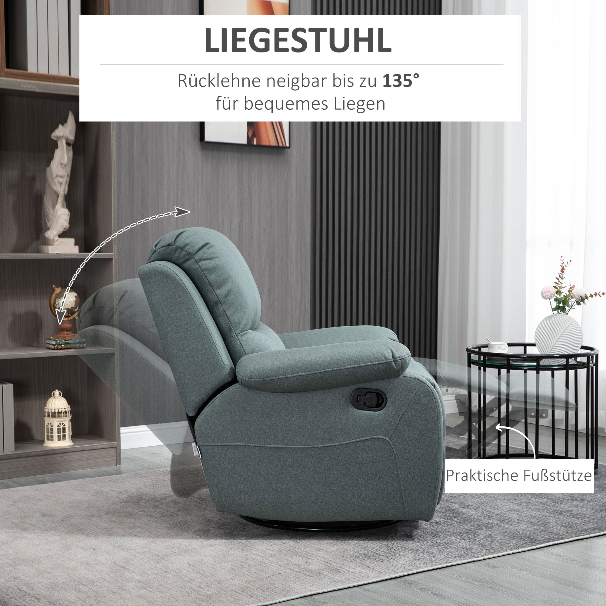 Swivel TV Armchair, 135° Reclining with Footrest, Polyester Green
