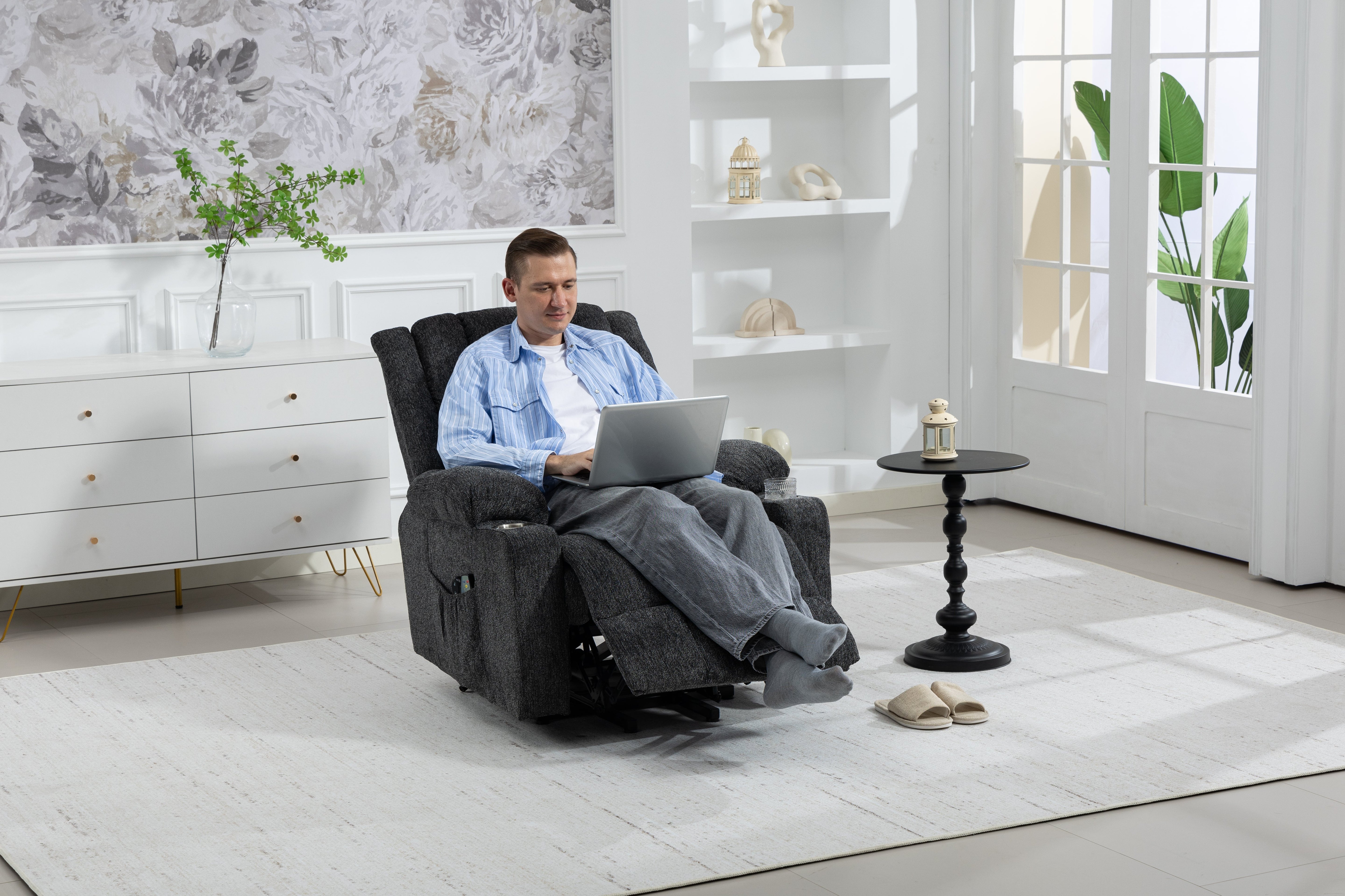 Electric Armchair Lift Assist Massage Heat Footrest Cup Holder - Dark Grey