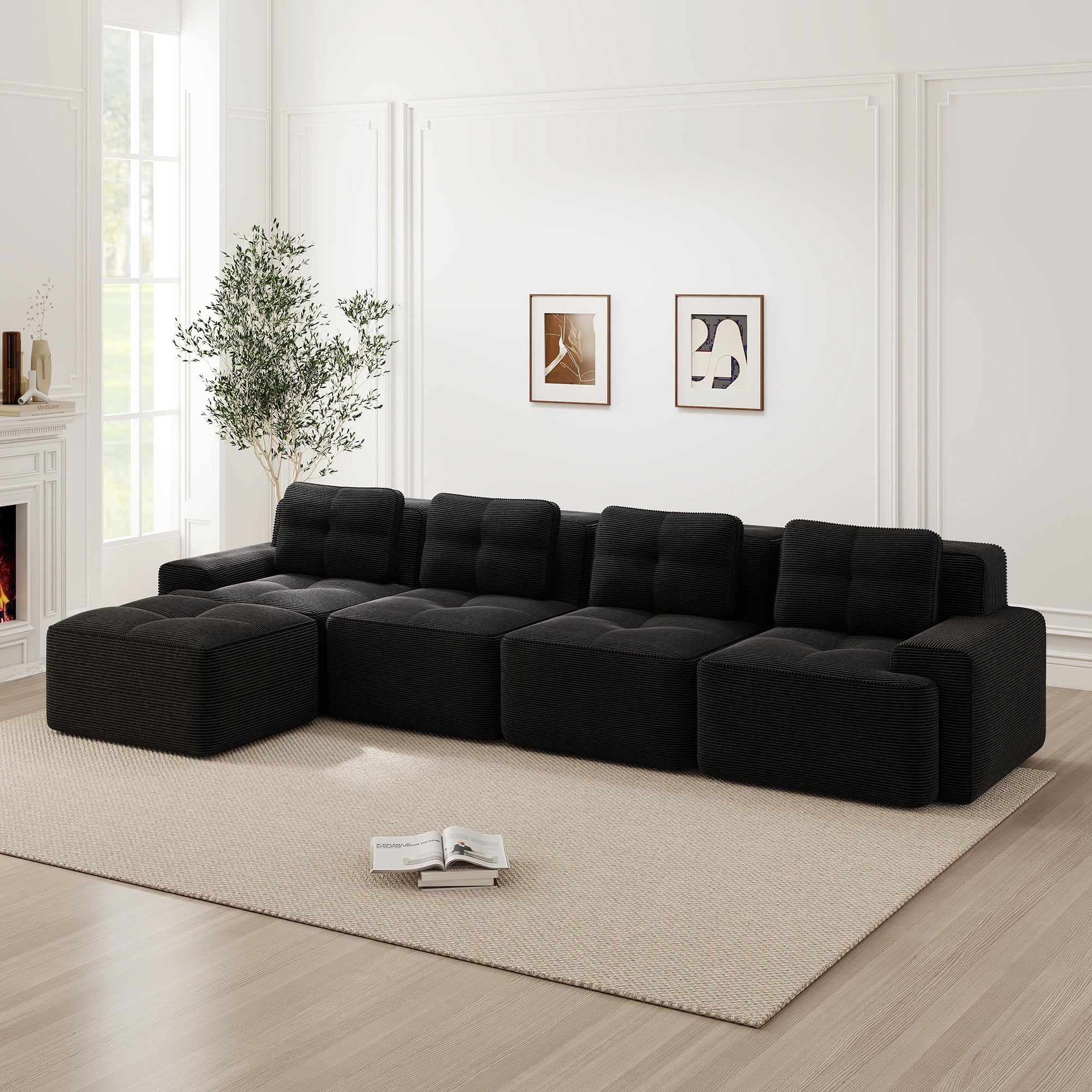 Boneless Modular Sofa L-Shaped Chaise 4-Seater Deep-Seat - Corduroy Black