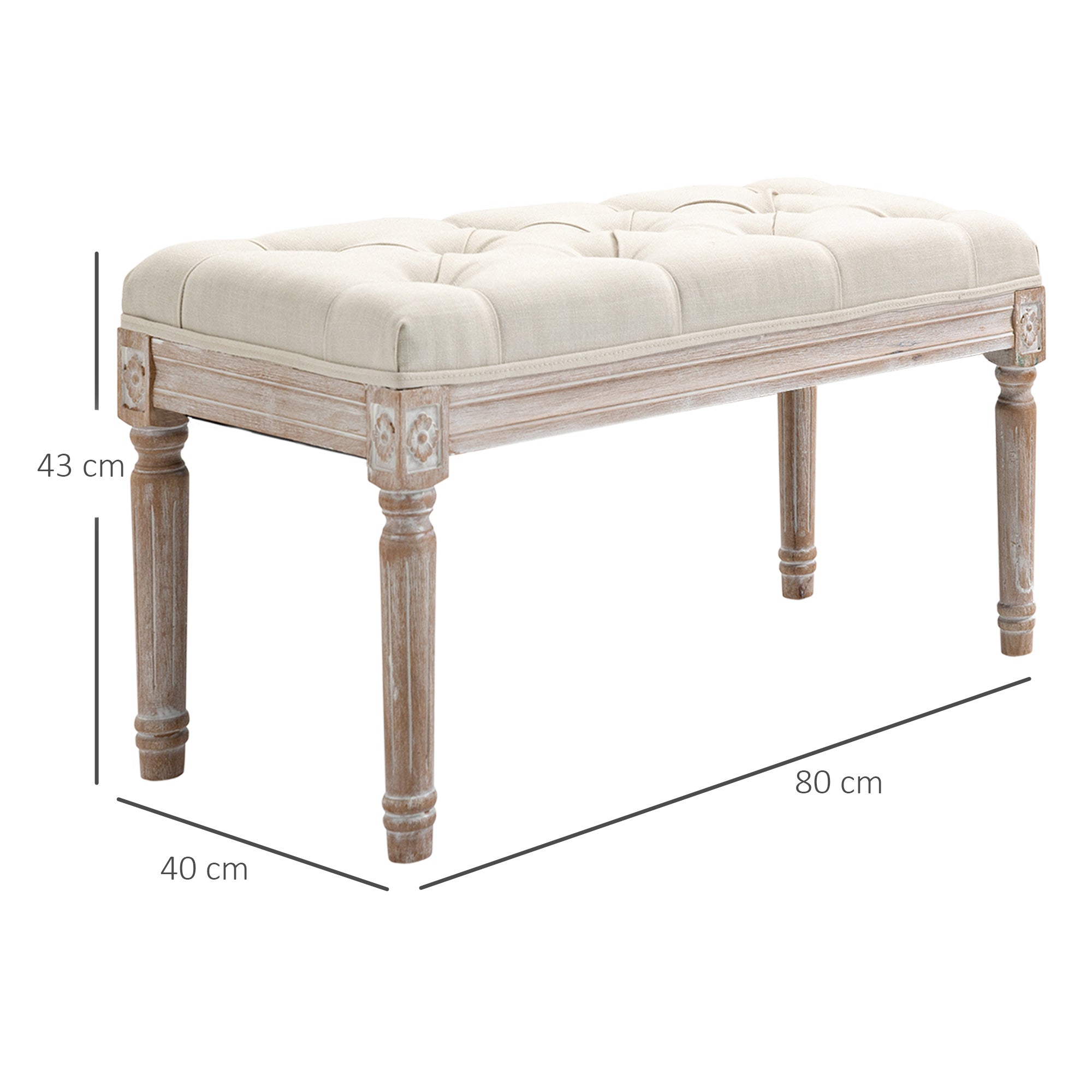 Upholstered Bench Footstool Padded Seat Wooden Legs, Linen Look Cream White