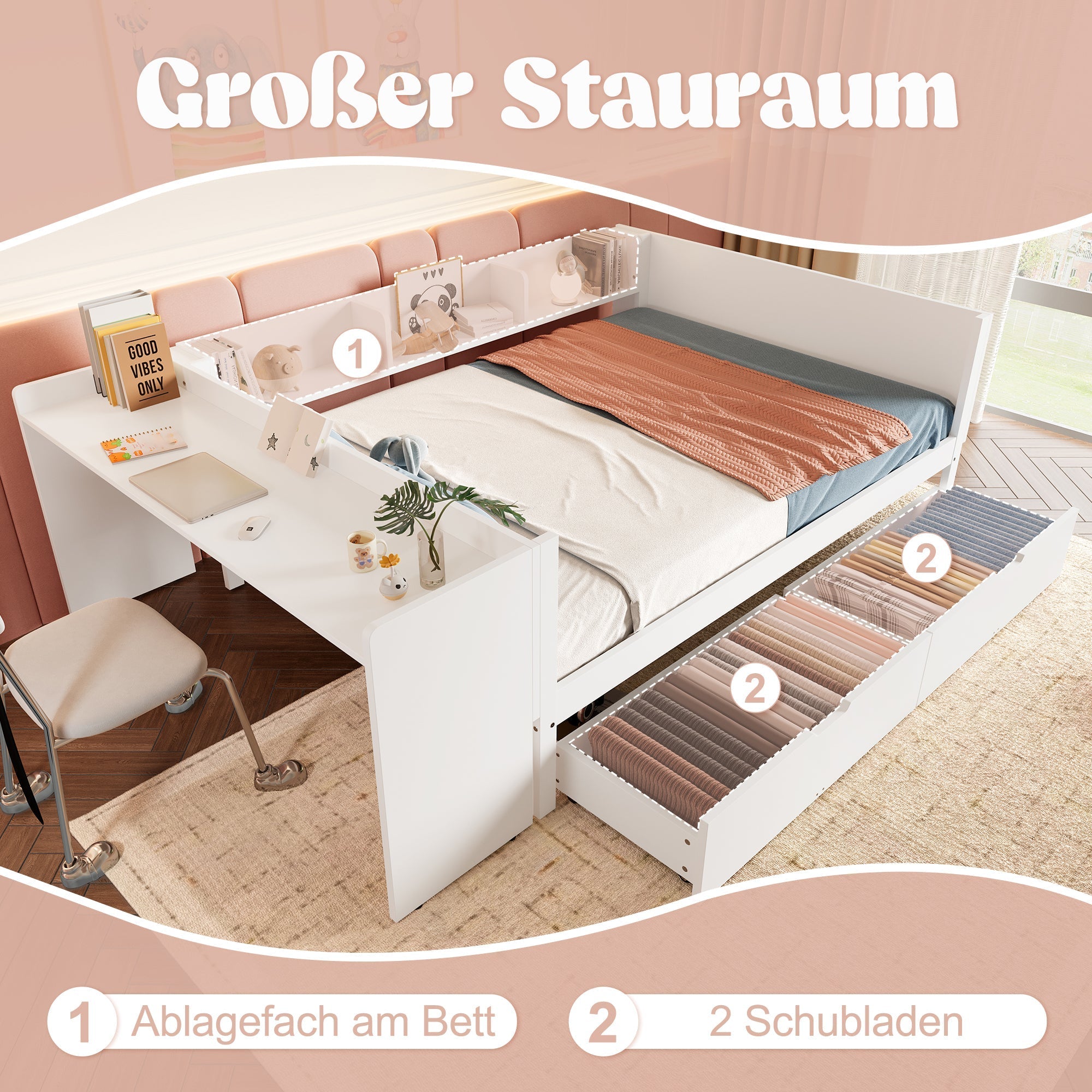 Wooden Bed with Desk and Storage Drawers, 140x200cm, Pine and White
