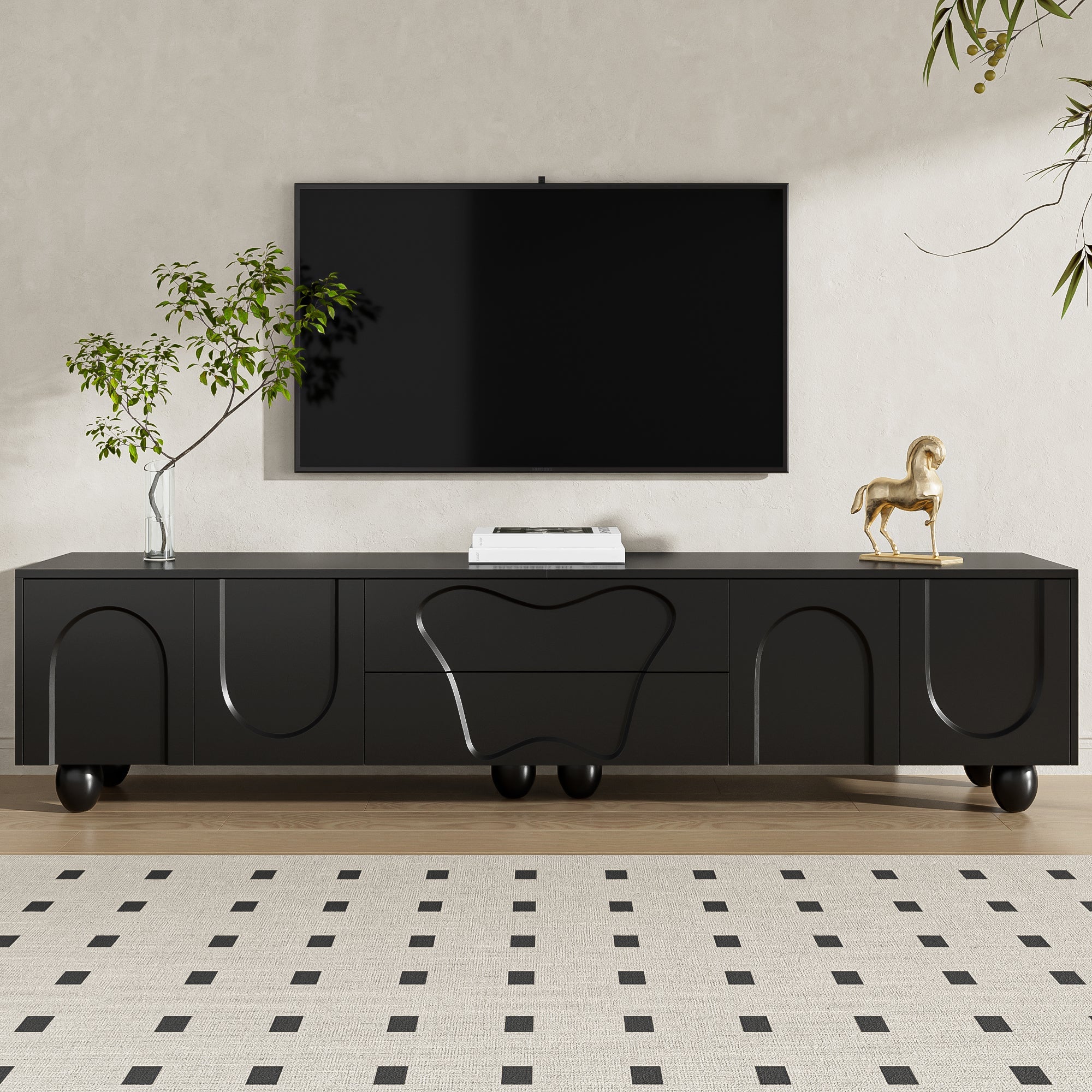 TV Cabinet, 180cm Minimalist Elegant Storage, Black Wooden