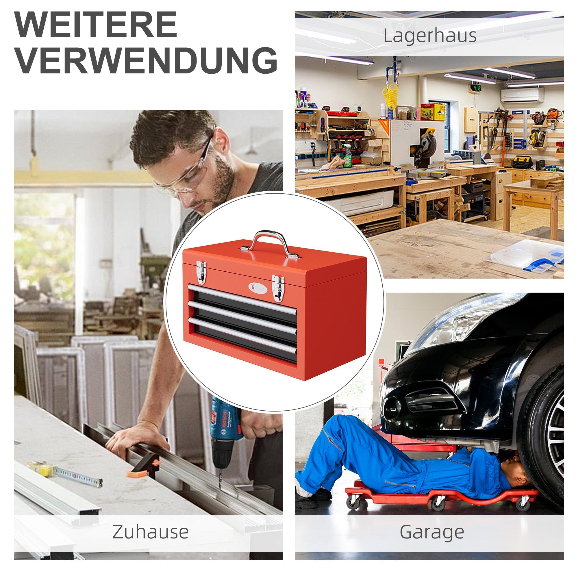 DURHAND empty tool box, 45 x 24 x 27 cm, 3 drawers, steel, red