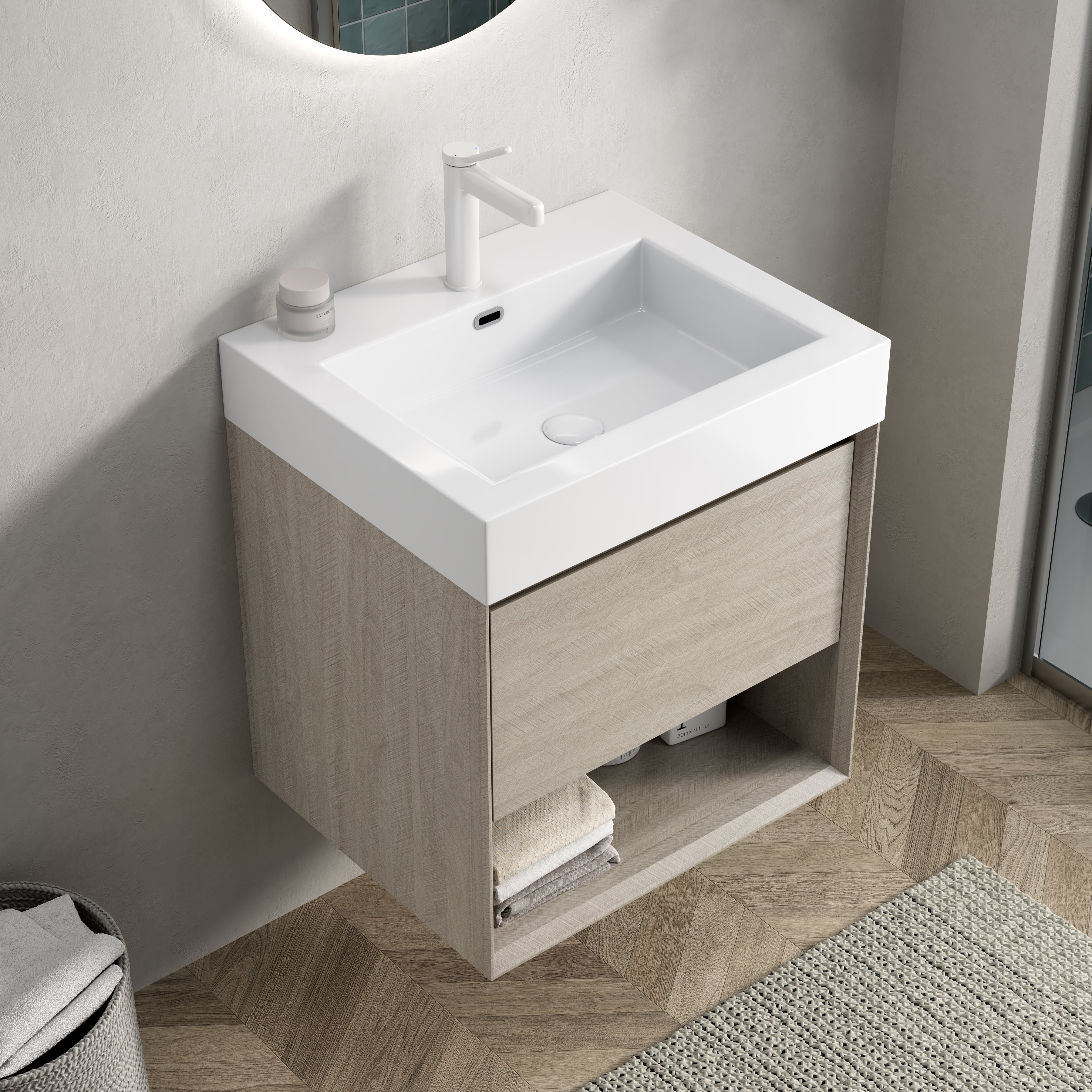 Bathroom Vanity Unit with Resin Basin and Storage, Light Oak Wood Grain