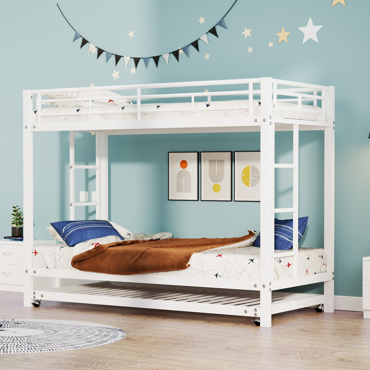 Bunk Bed 90x200cm Pull-out Bed High Railings - White