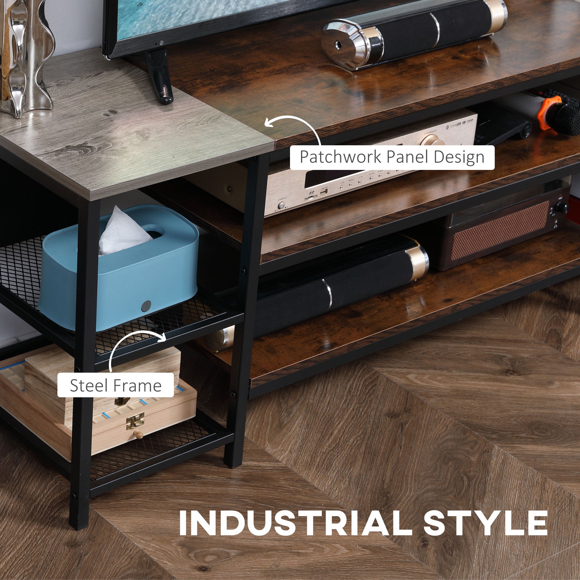 TV Unit Cabinet for TVs up to 60 Inches, Industrial Stand with Storage Shelves, Brown and Grey