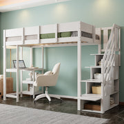 Bunk Bed, Multifunctional Loft with Storage & Shelf, Pine Wood, White