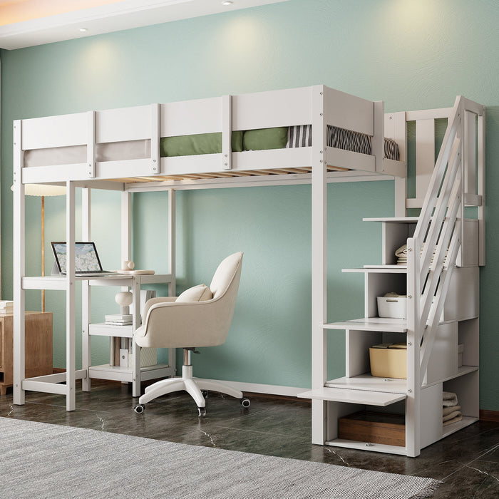 Bunk Bed, Multifunctional Loft with Storage & Shelf, Pine Wood, White