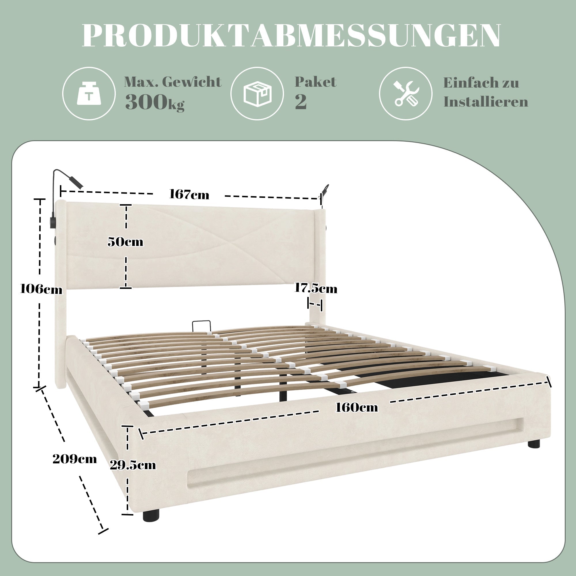 Bed Frame 160x200cm Hydraulic Storage LED/USB Ports Modern Design
