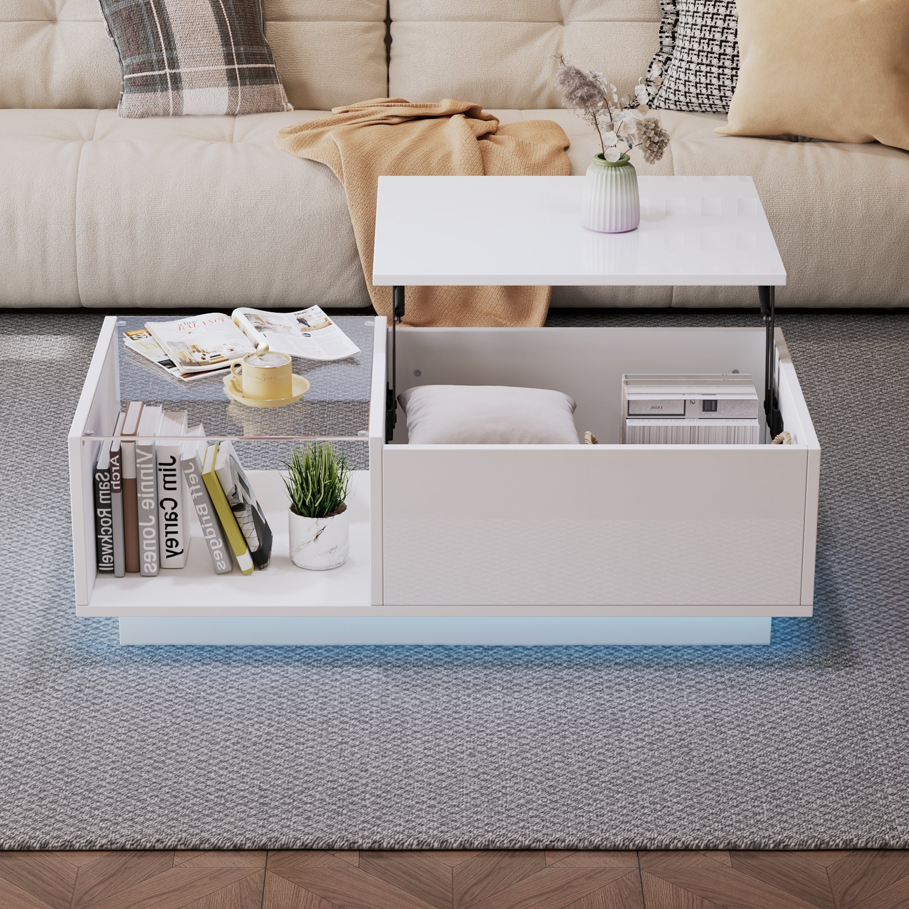 LED Coffee Table, High-Gloss Height-Adjustable Hidden Storage 50x100 cm