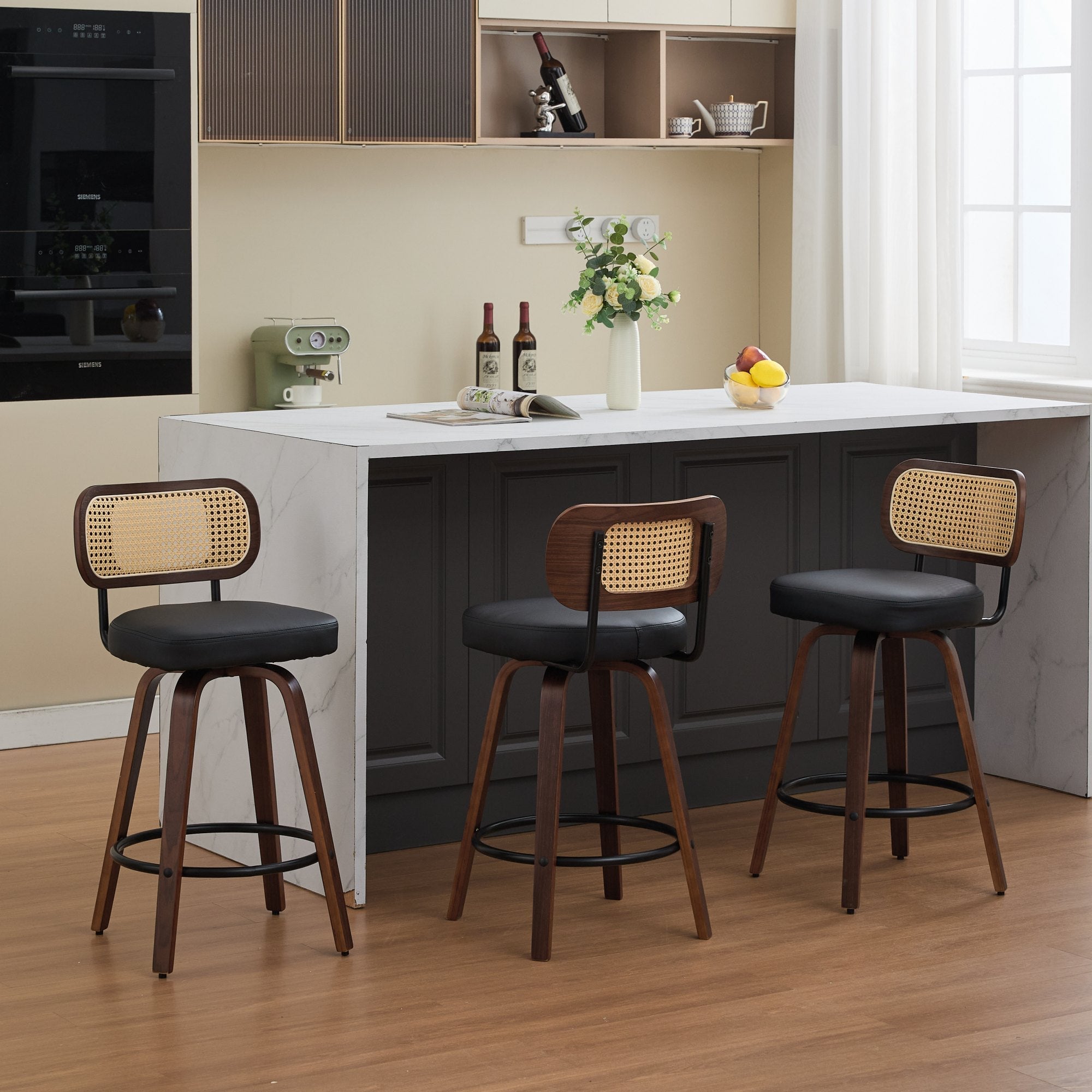 Set of 3 Counter Height Bar Stools Swivel Rattan Cane Back 26 inch Upholstered Seat Walnut Black