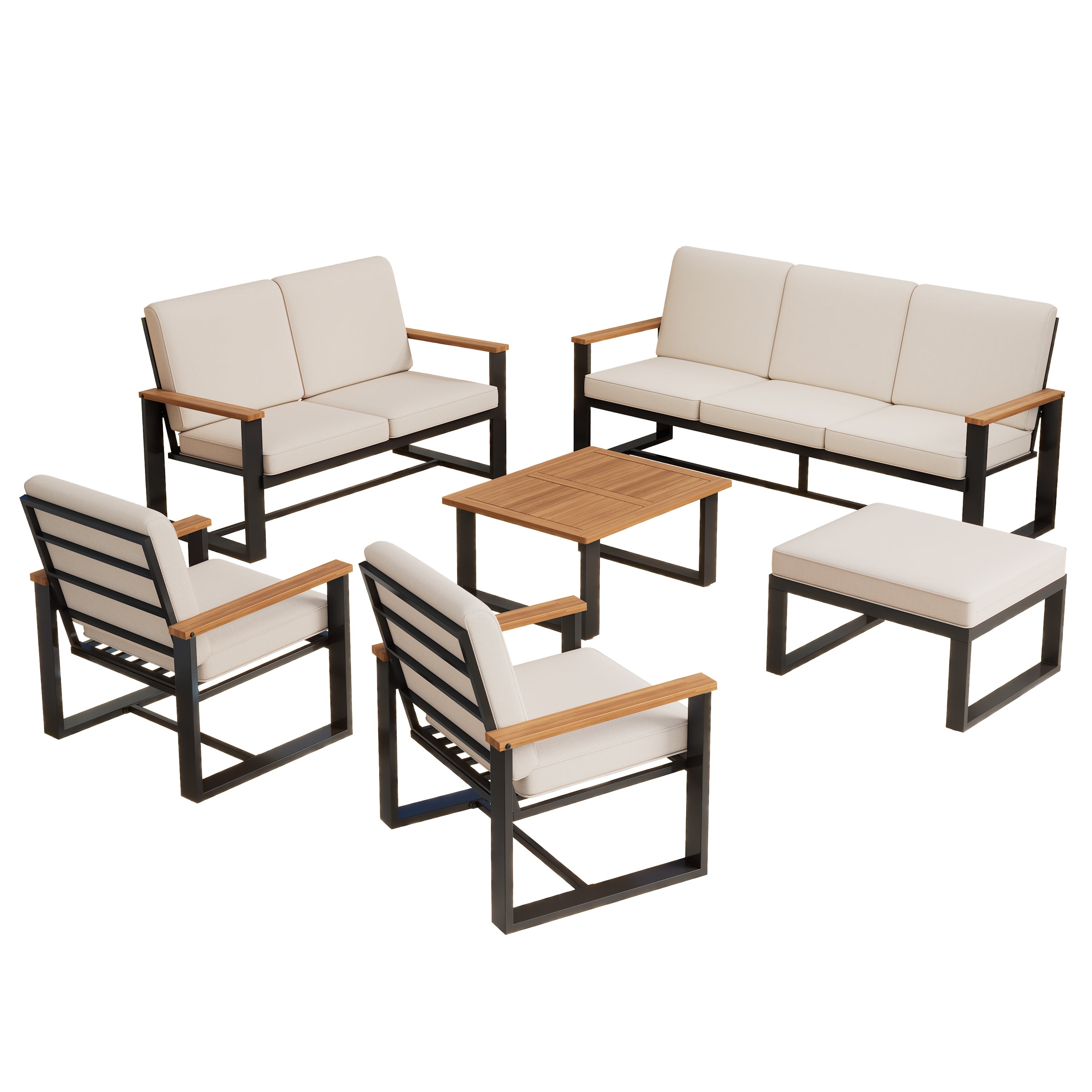 Garden Furniture Set with 1 3-Seater Sofa, 1 2-Seater Sofa, 2 1-Seater Sofas, Coffee Table and Footstool, Beige Galvanized Steel and Acacia Wood