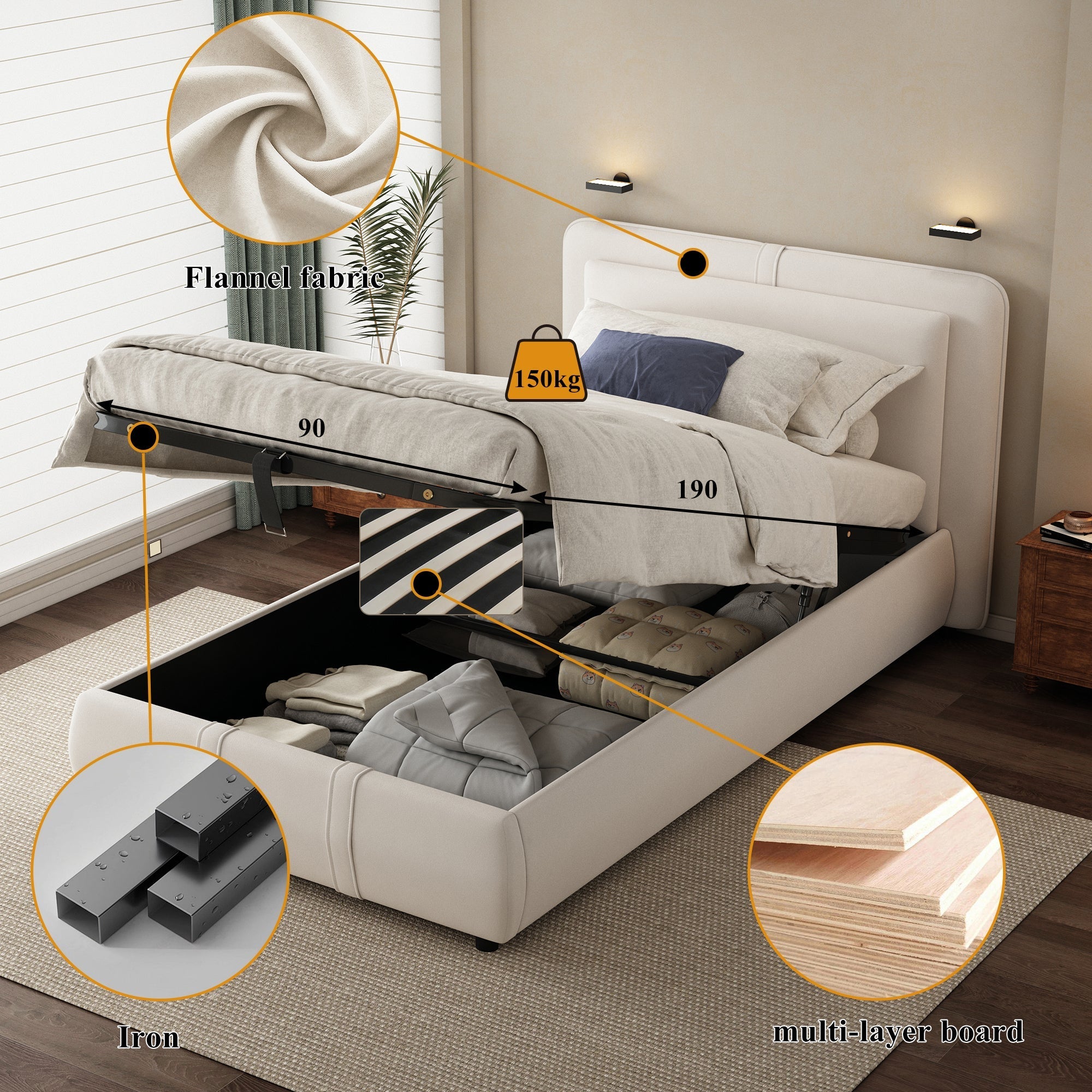 3ft Single Upholstered Storage Bed with Hydraulic Lift – Beige Velvet, 90×190cm