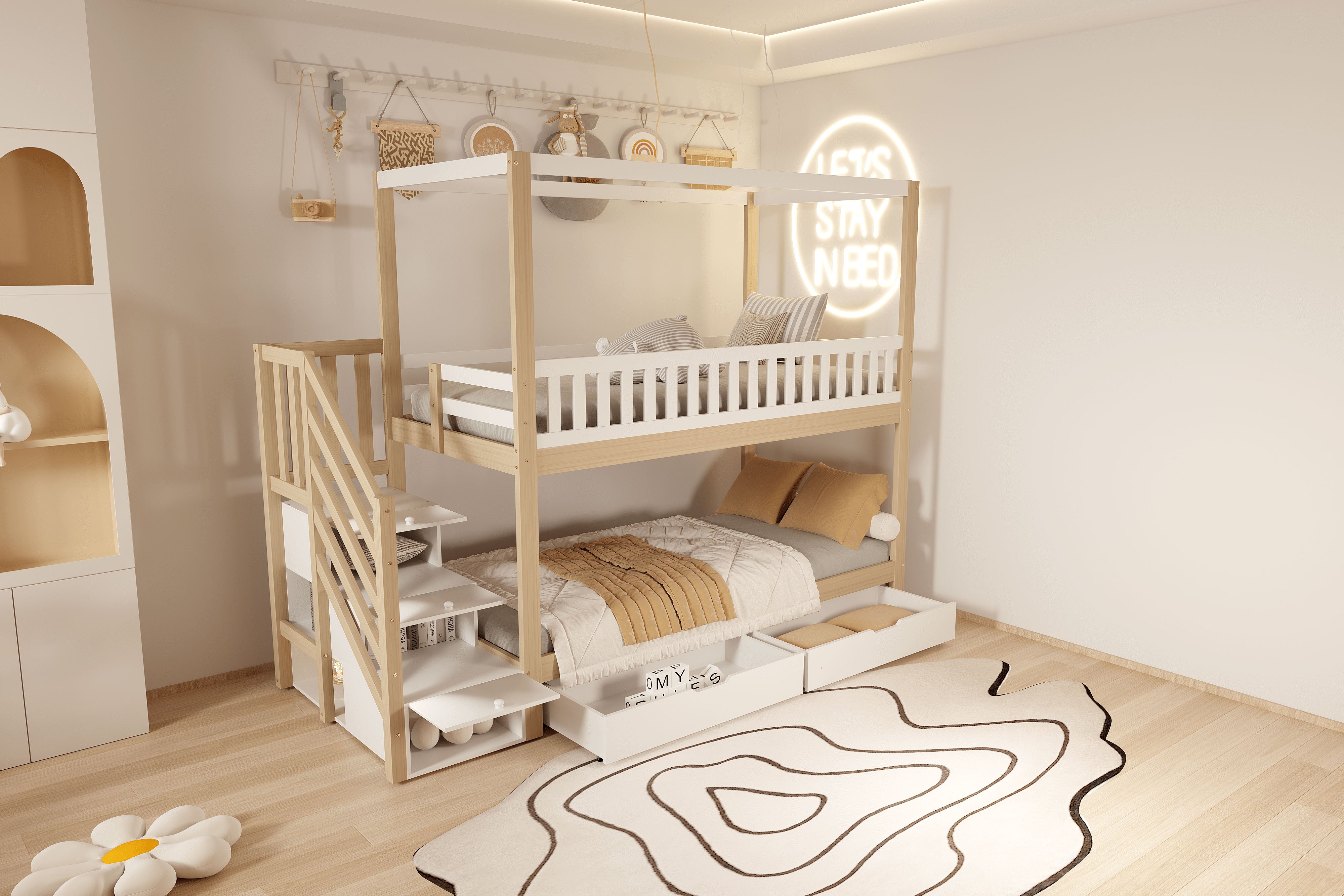 Bunk Bed, 90x200cm Solid Wood Double with Storage & Ladder, White & Wood
