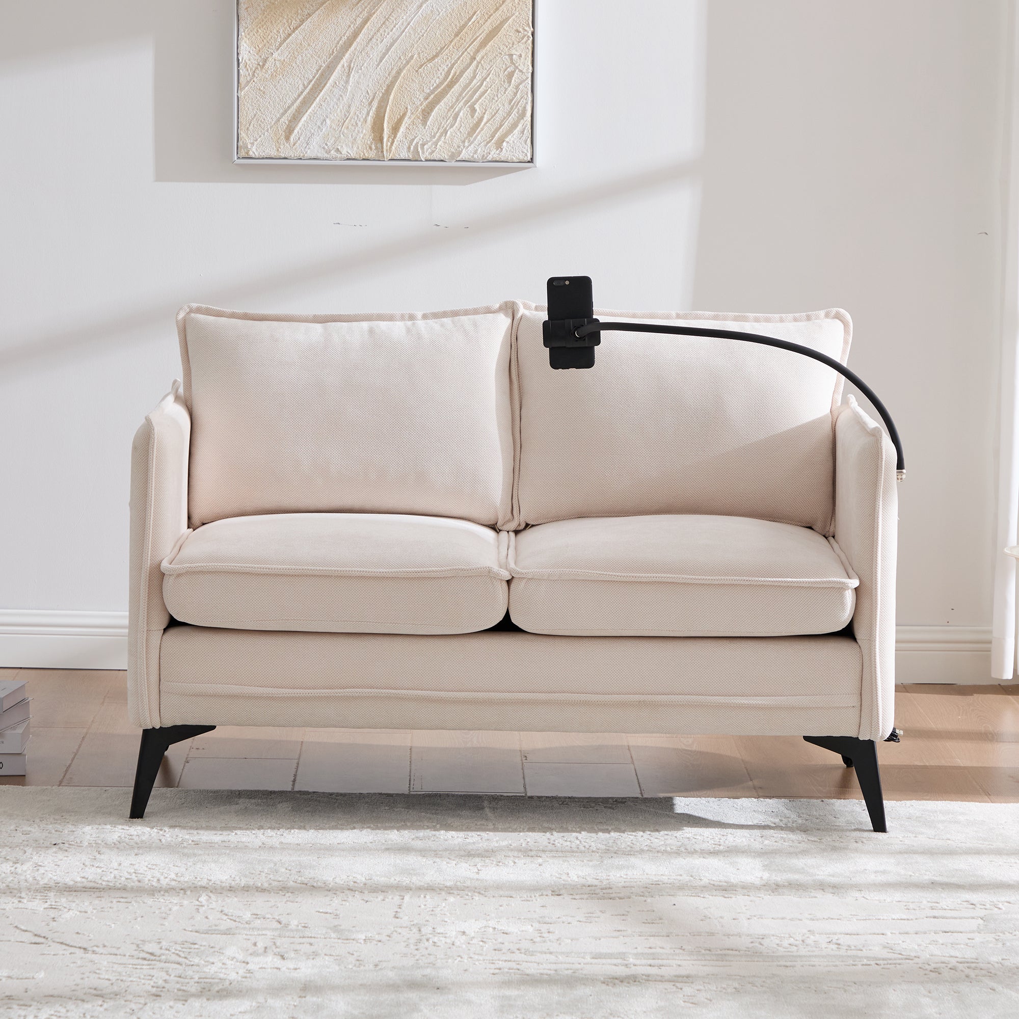 Modern Double Sofa, Small Fabric Armchair with Storage & Phone Holder