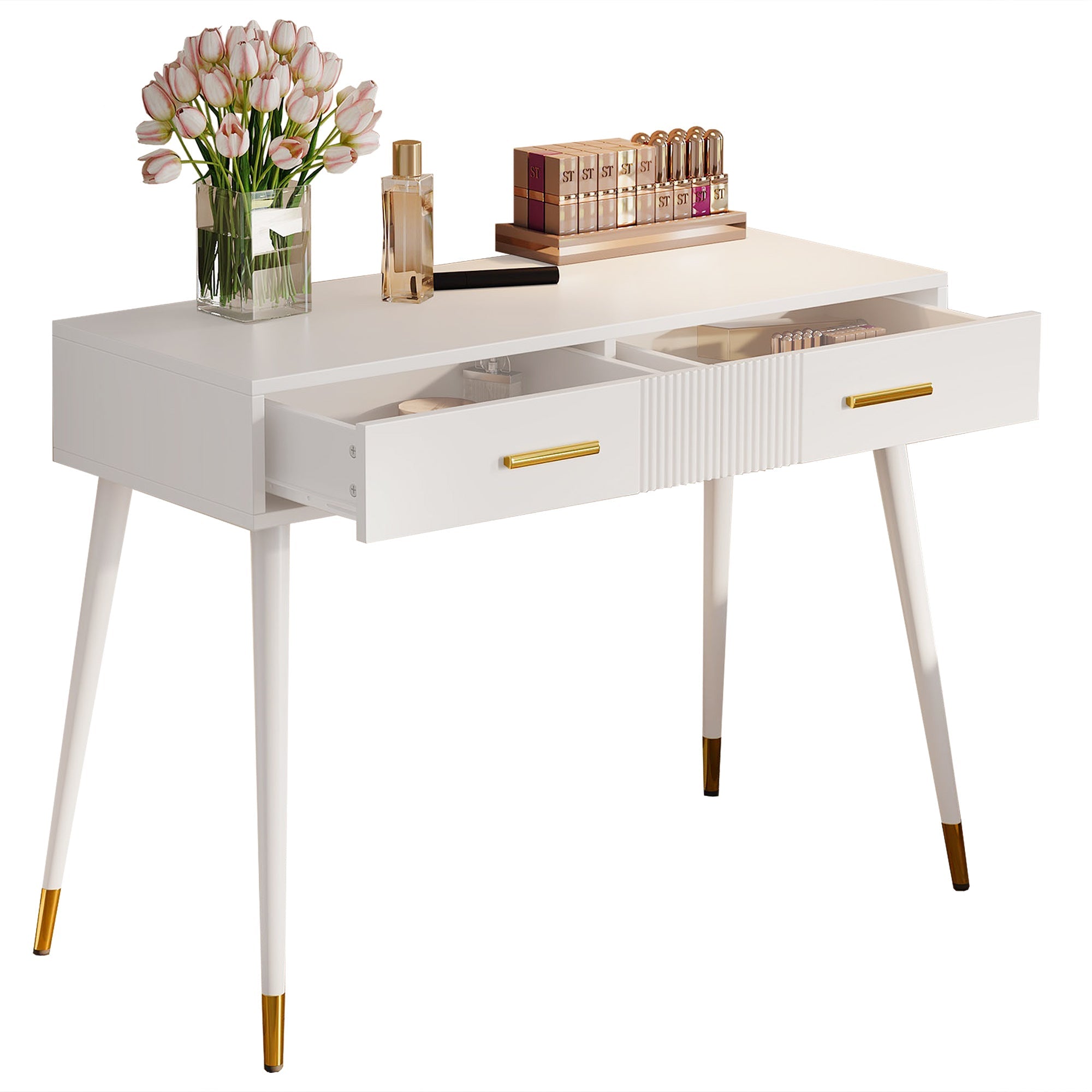 Dressing Table with 2 Drawers, Metal Feet, White