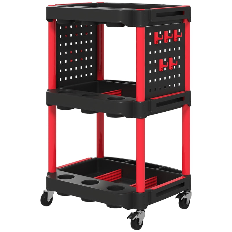 Workshop trolley 3 levels, side perforated shelves, 10 hooks, 91 kg load capacity, black