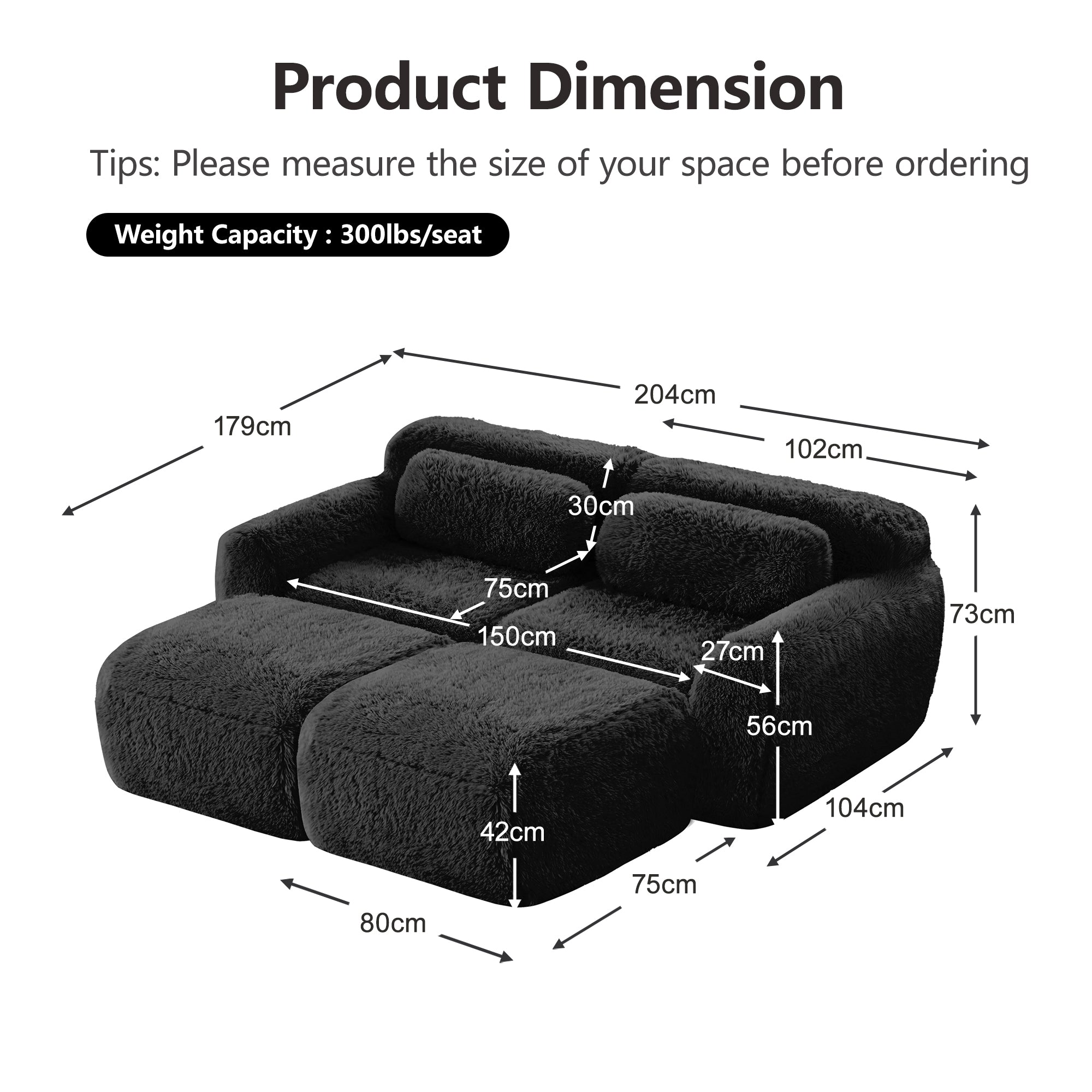Boneless Cloud Sofas Modular Sleeper Sofa Two-Seater with 2 Ottomans No Assembly Plush Black