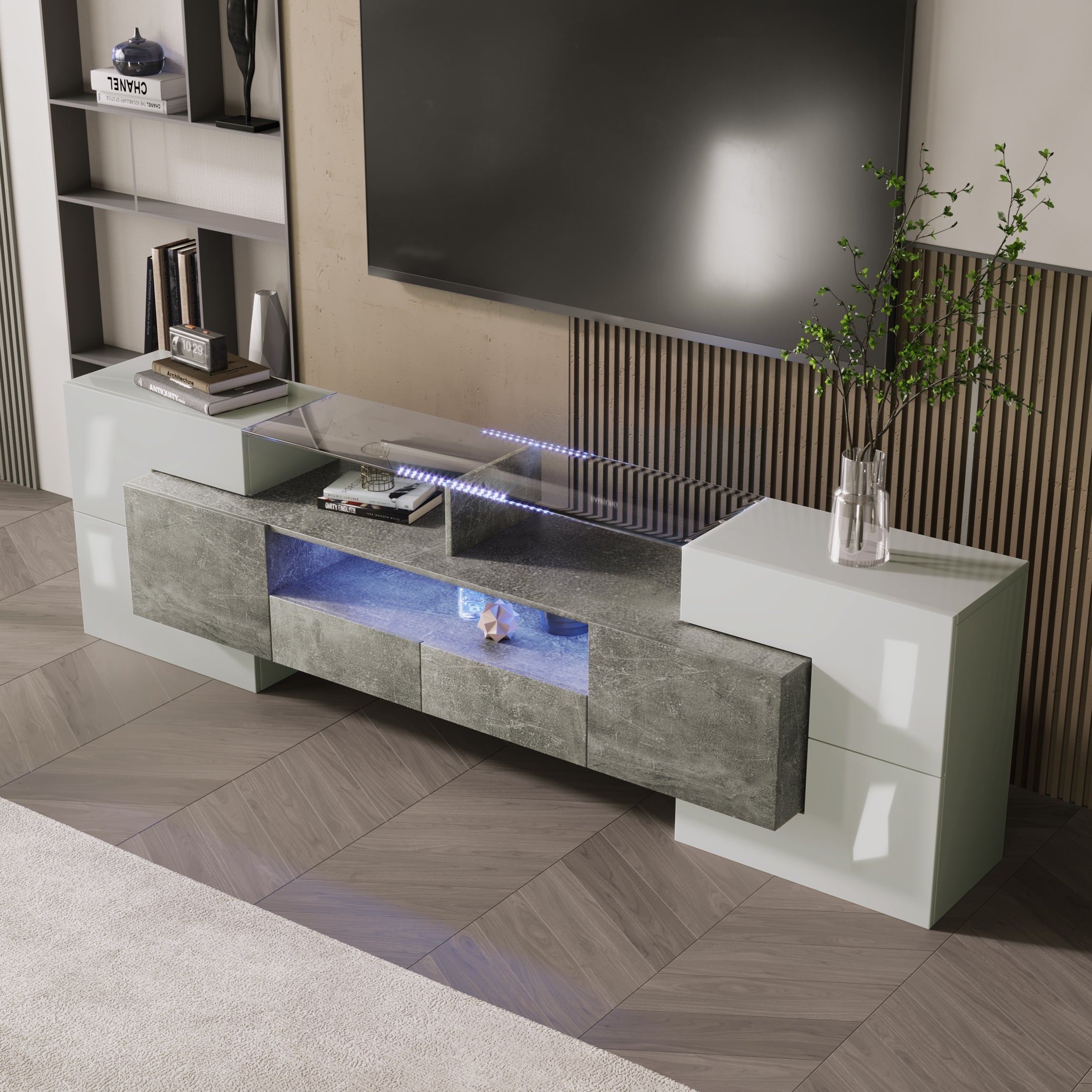 TV Cabinet Lowboard 200cm LED High-Gloss Glass - White/Grey
