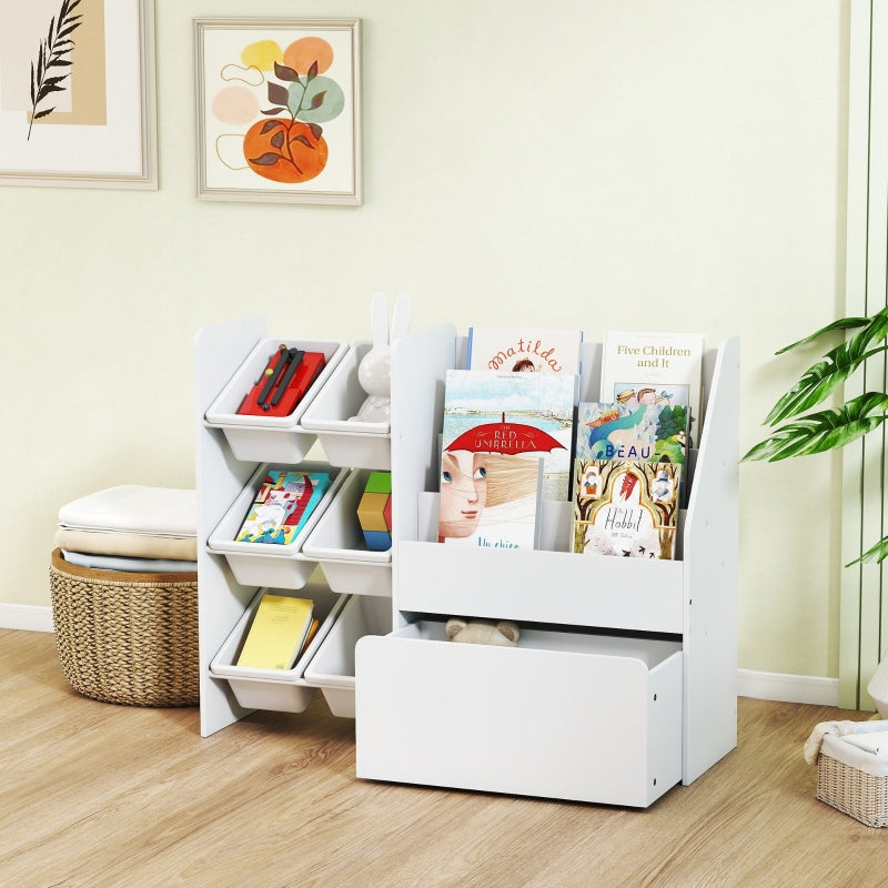 Children's Toy Shelf, 6 Containers Book Display Rolling Box 100x30x80cm, MDF Steel White