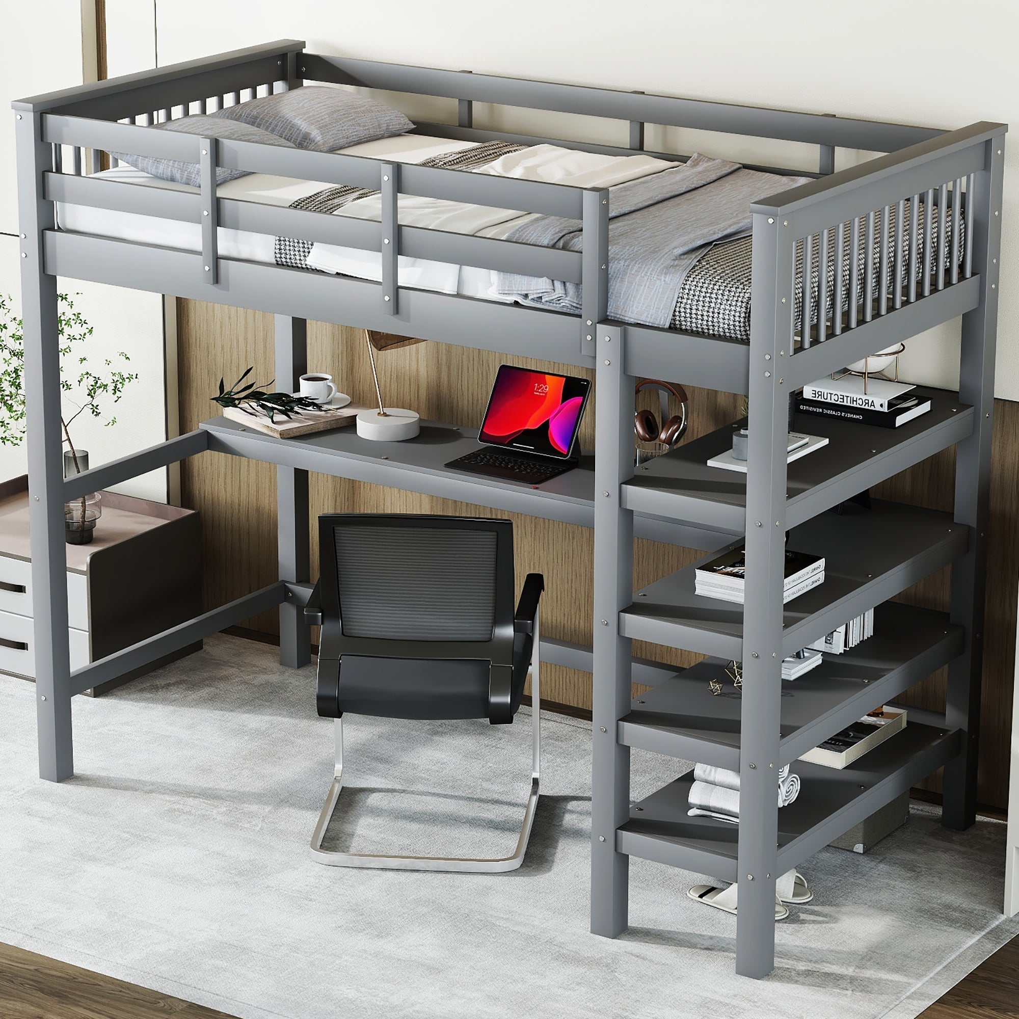 Loft Bed 90x200cm Children's Storage Under-Bed Desk Grey