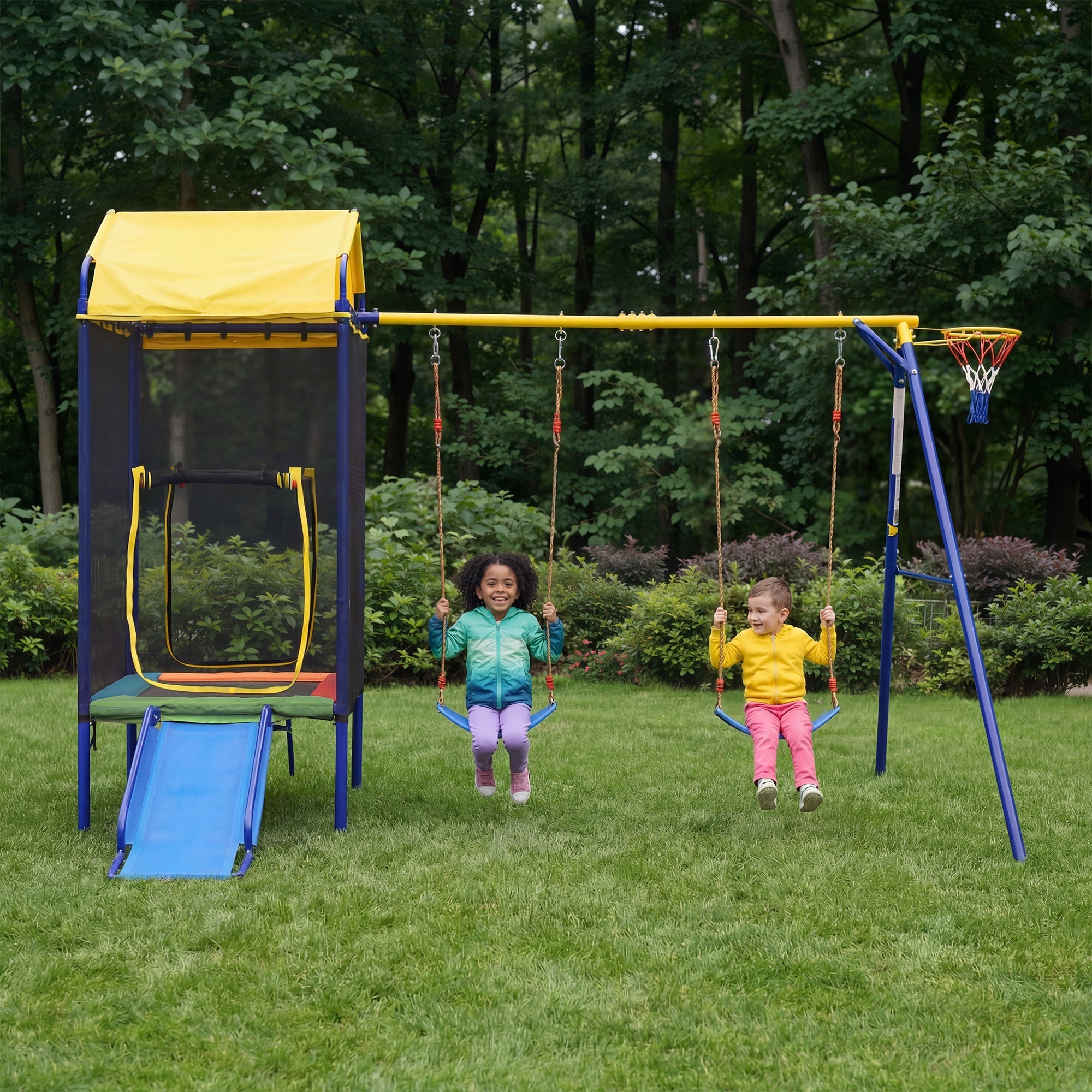 Multifunctional Outdoor Swing Set with Trampoline, Slide and Basketball Hoop, Sturdy Iron Frame
