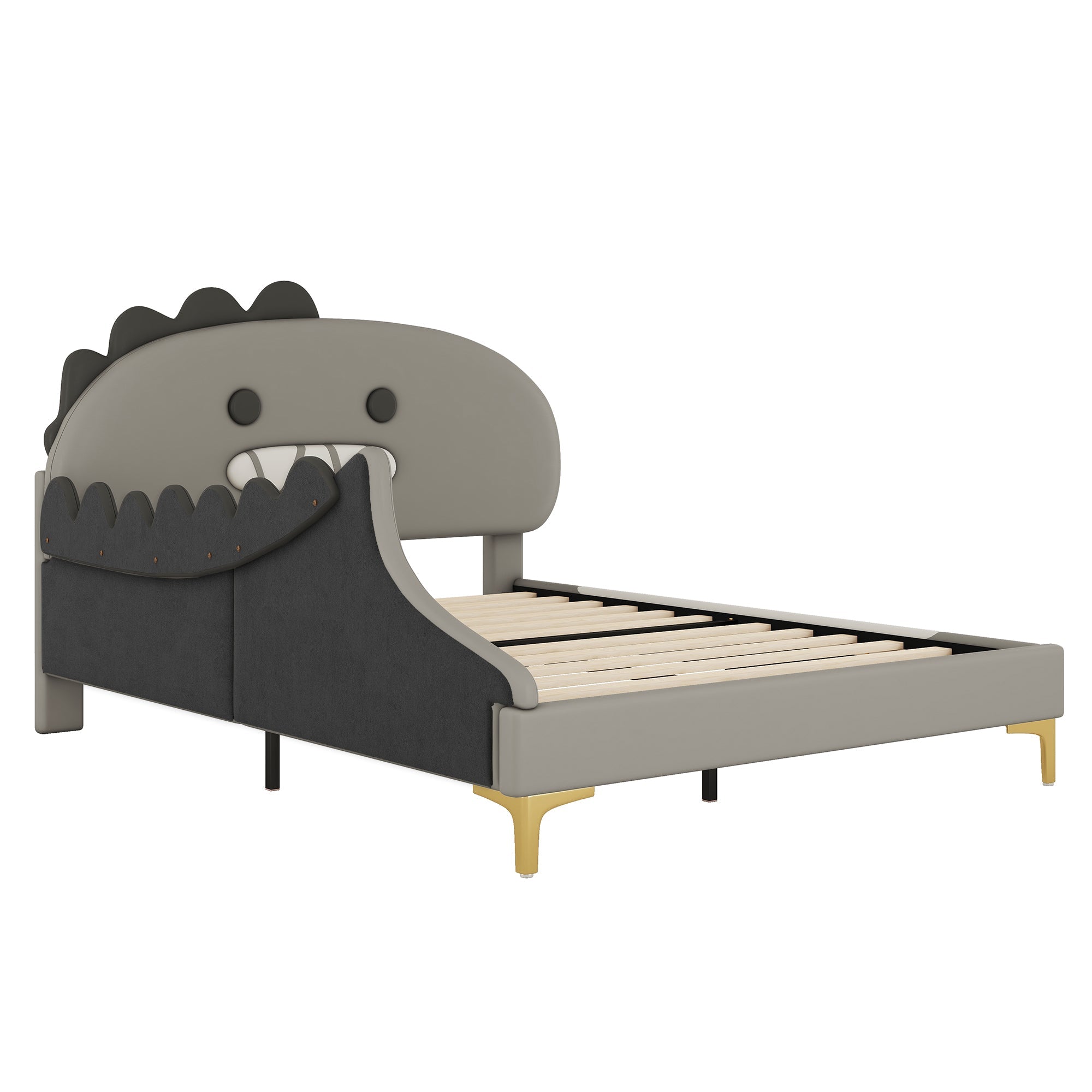 Children's Bed, 140x200cm Flat Bed Cartoon Dinosaur Shape, Grey PU Material