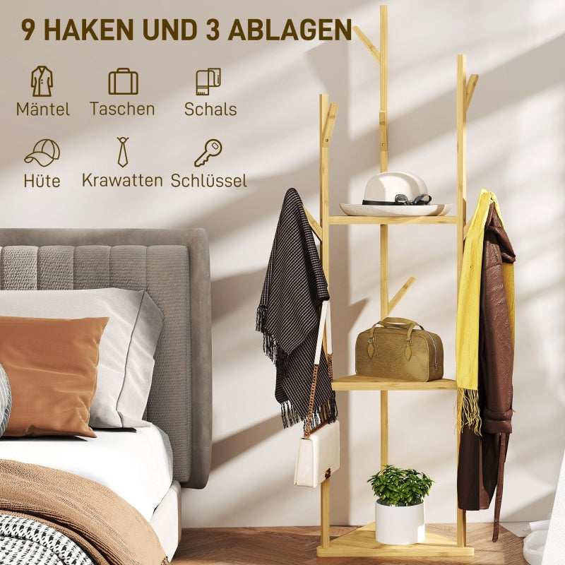 Garderobenständer, 8 Haken, 3 Ablagen, Bambus, Natur