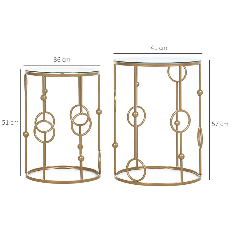 Set of 2 Coffee Tables, Glass Tops, Hoop and Ball Design, Gold