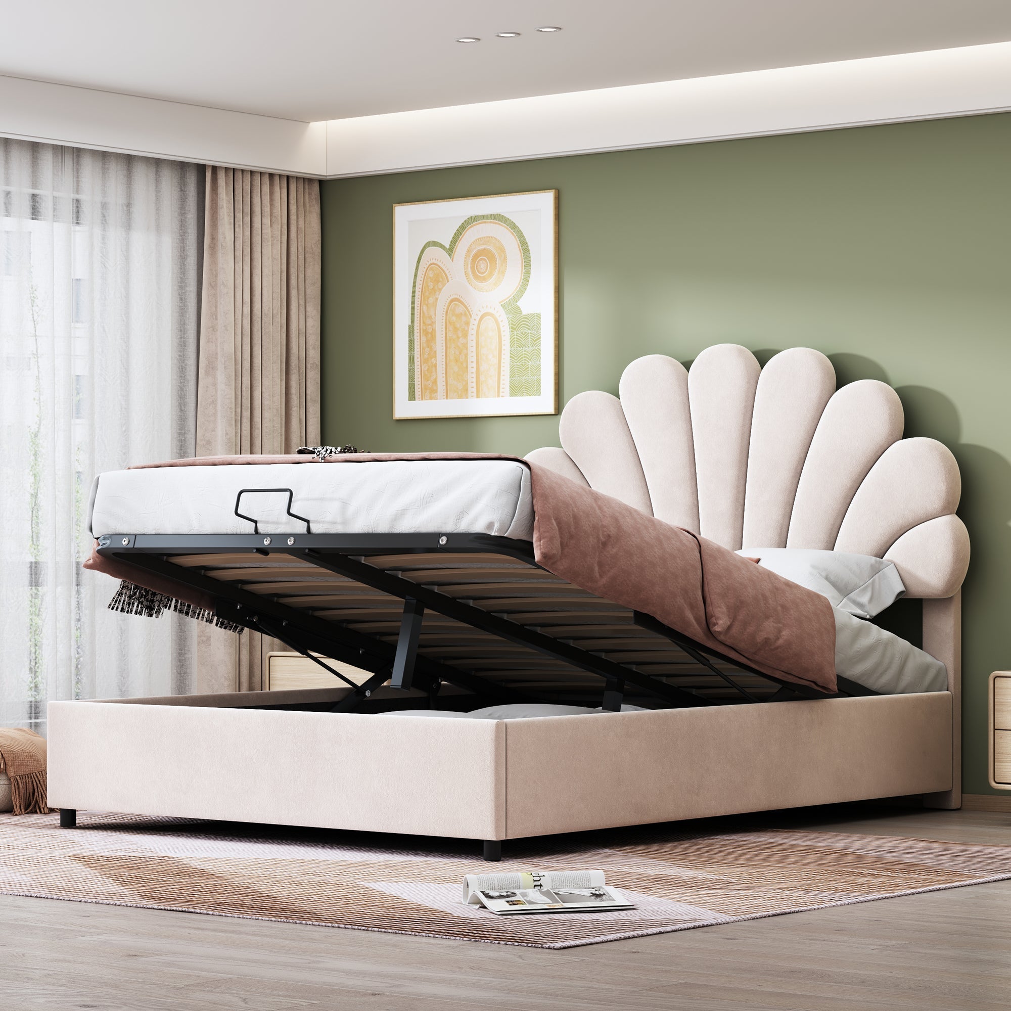 Upholstered Bed 140x200cm Floral Headboard Hydraulic Storage, Beige Velvet