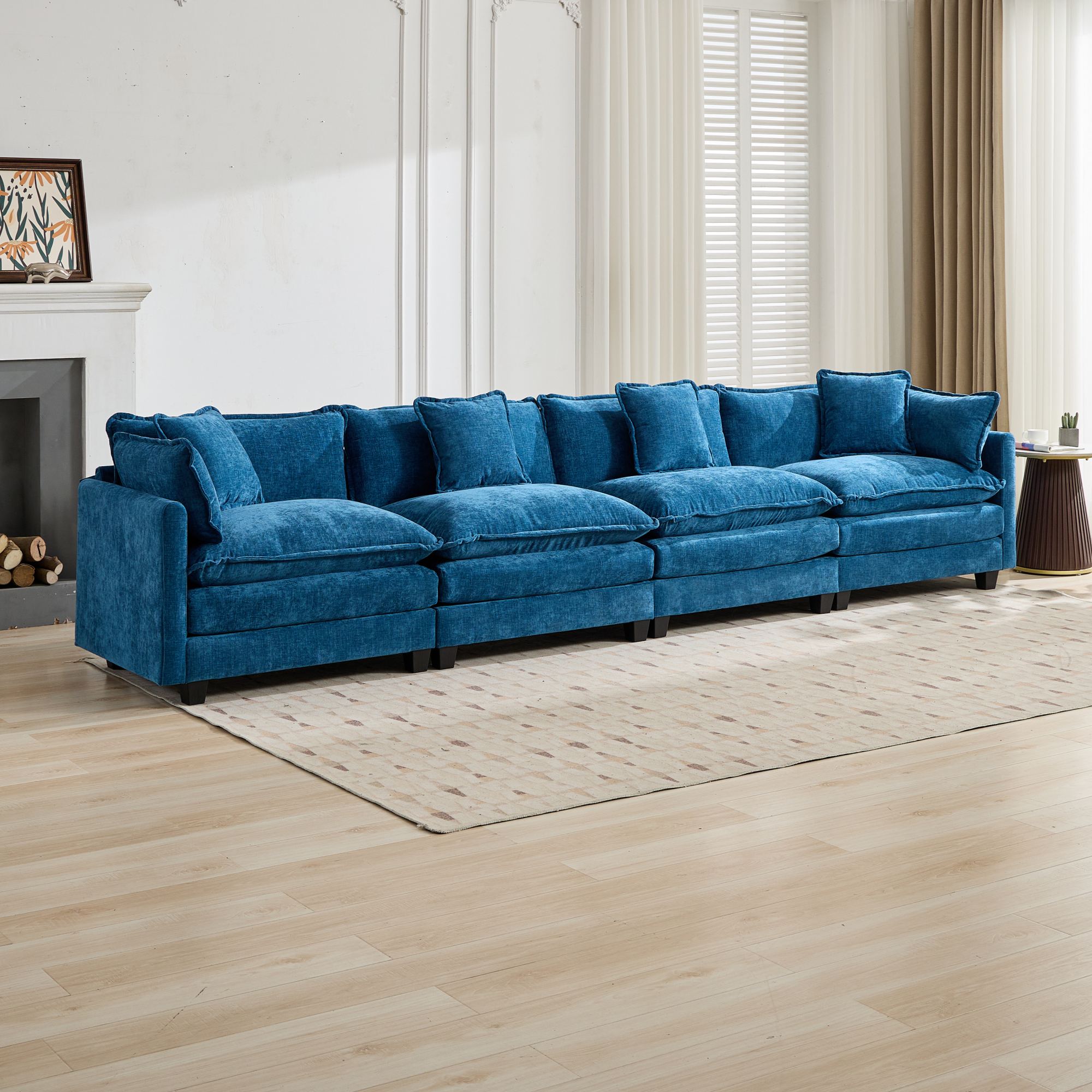 Cloud Sofa 4 Seats Sectional Couch with Double Layer Upholstered Cushion, Blue Chenille Fabric