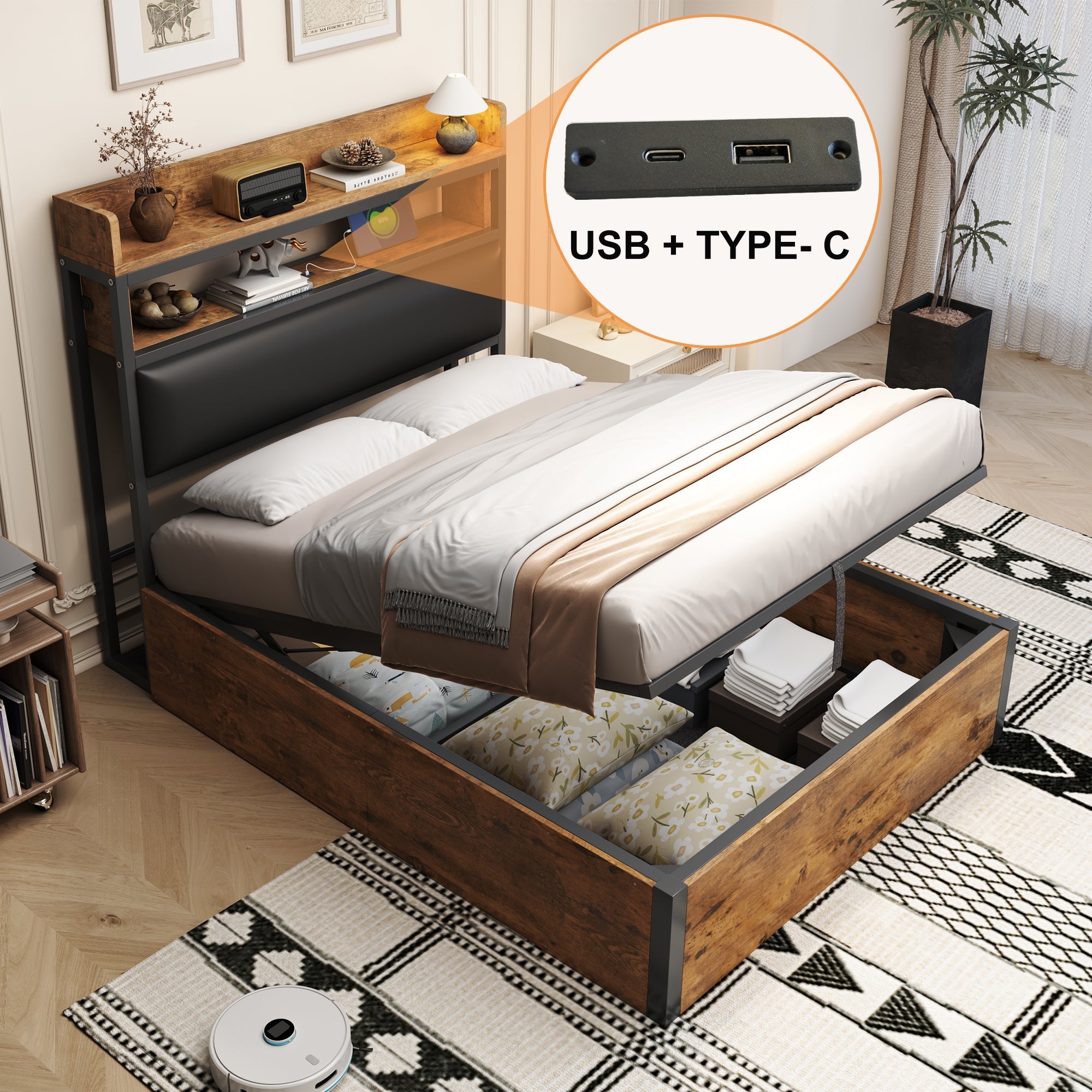 Bed Frame, 90 x 200, Hydraulic Lift, USB, Upholstered Headboard, Black