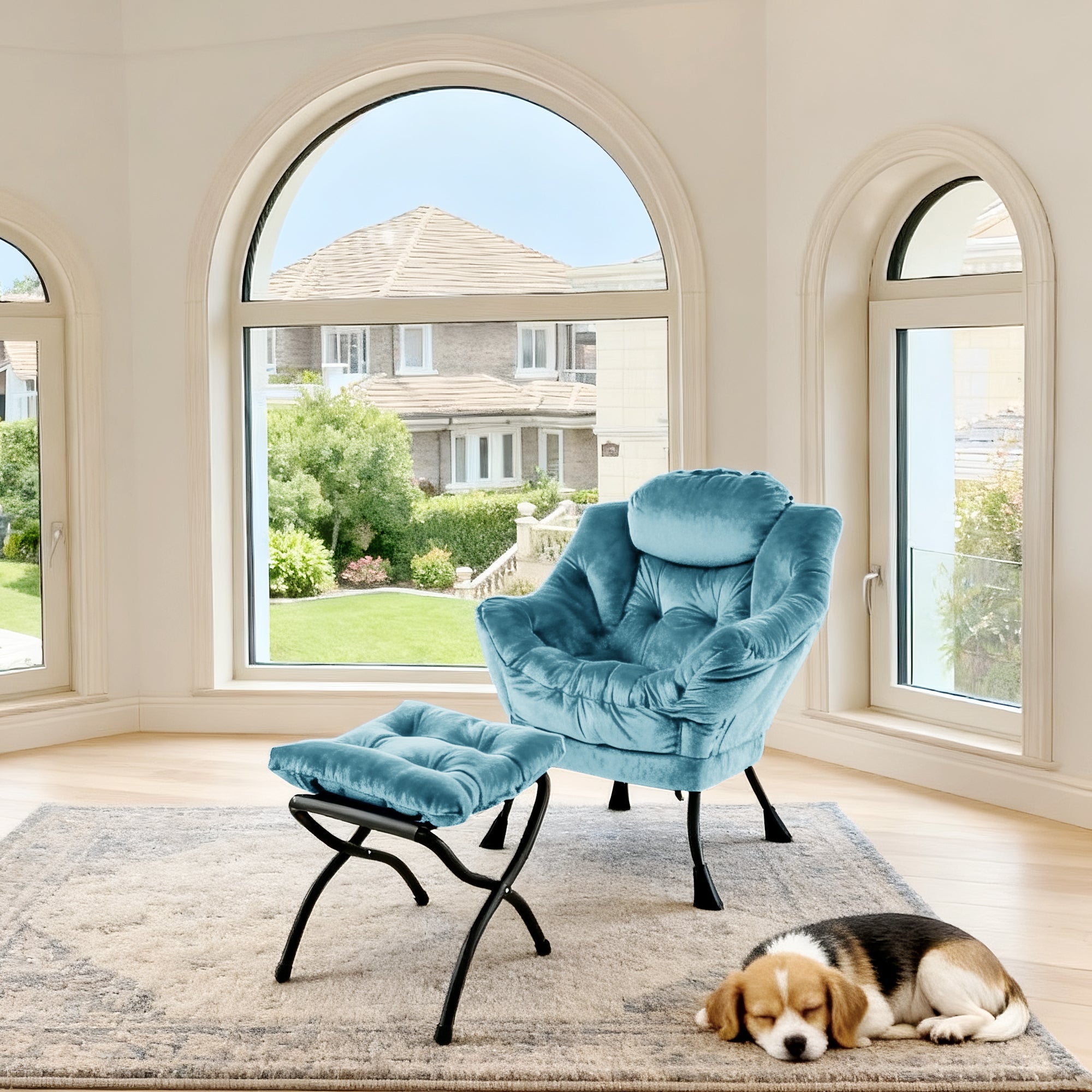 Armchair Recliner with Footstool, Armrests, Side Pocket - Blue