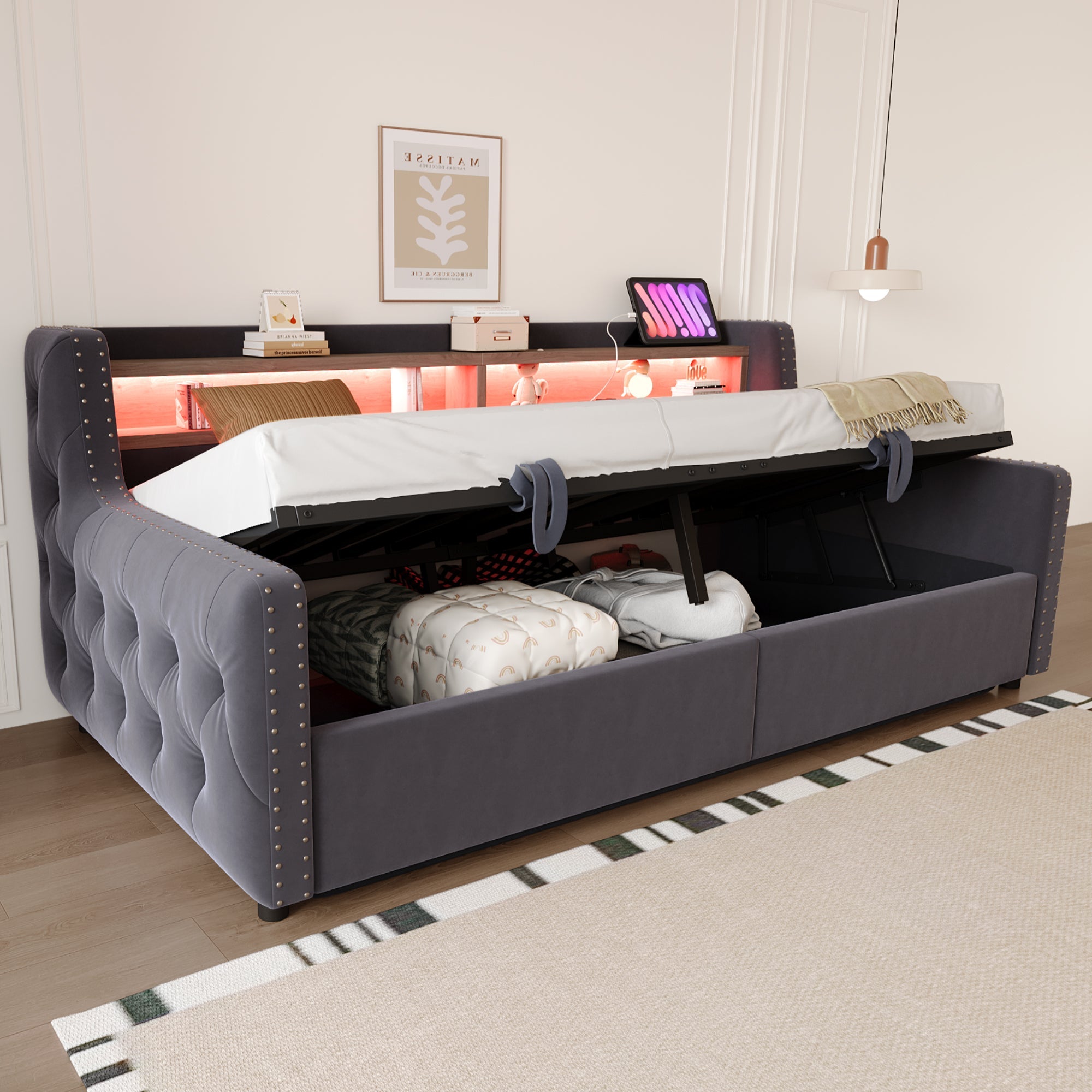 Upholstered Sofa Bed with Hydraulic Storage, LED Lighting and Charging Port, 90x200cm, Dark Grey