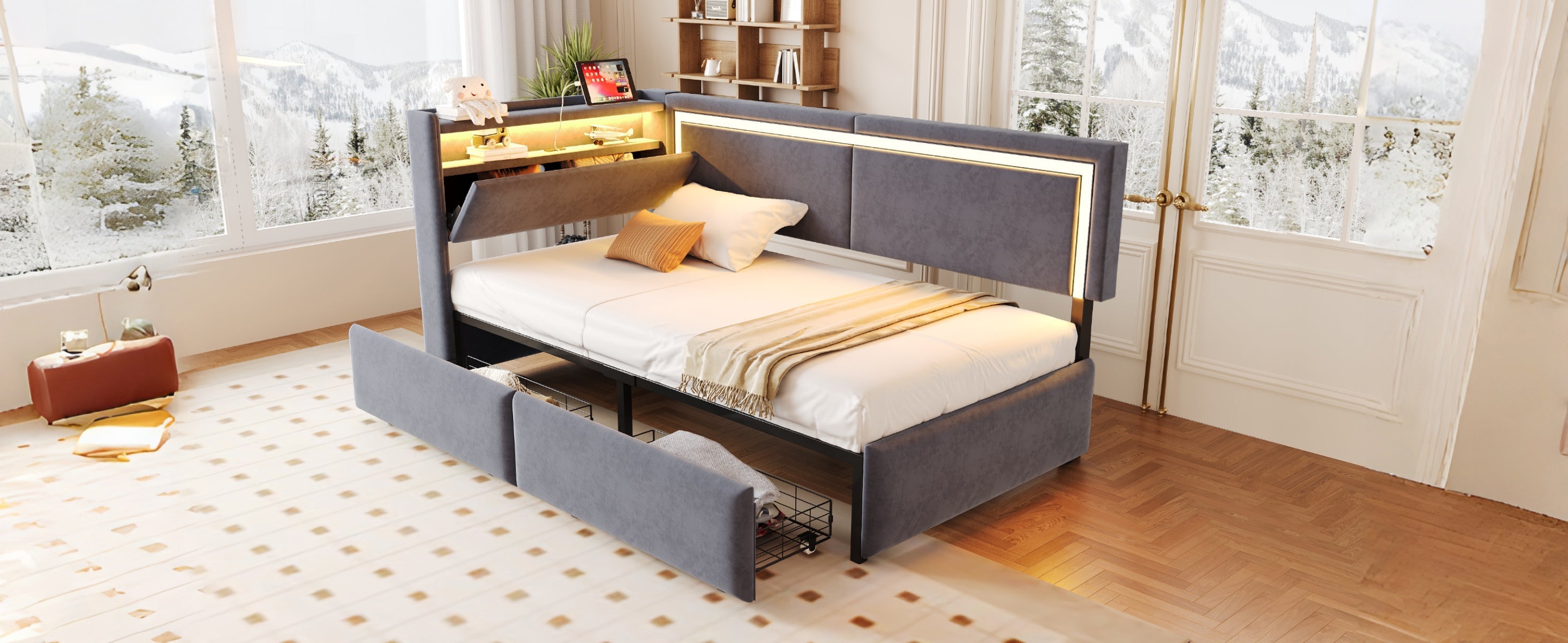 Upholstered Sofa Bed 90x200cm with LED & USB Headboard Storage Drawer Dark Grey Velvet