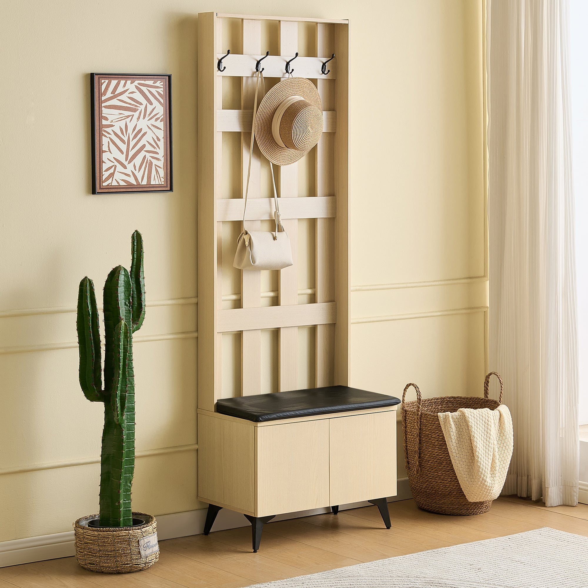Modern Wardrobe with Bench and 4 Hooks, Storage, Black Steel Legs