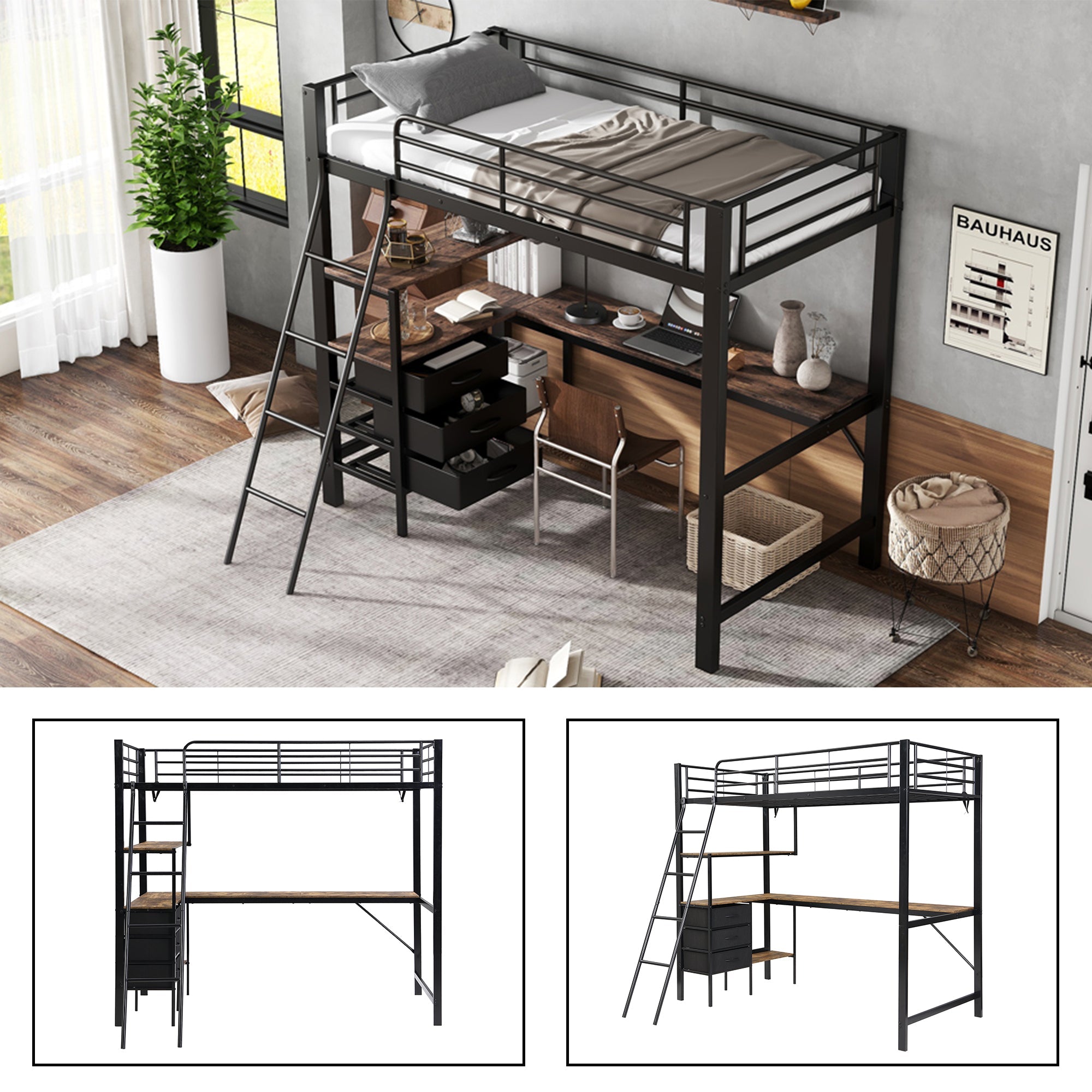 Iron Bunk Bed with Table, 3 Drawers, Ladder, 90x200cm, Black/Dark Walnut