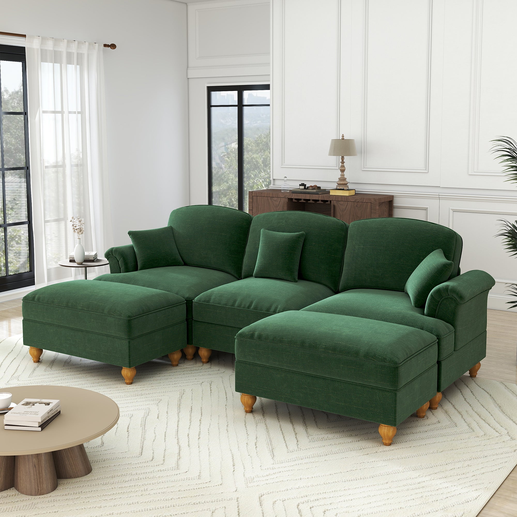 Classic U-Shaped Modular Sofa with Ottoman, Chenille - Green