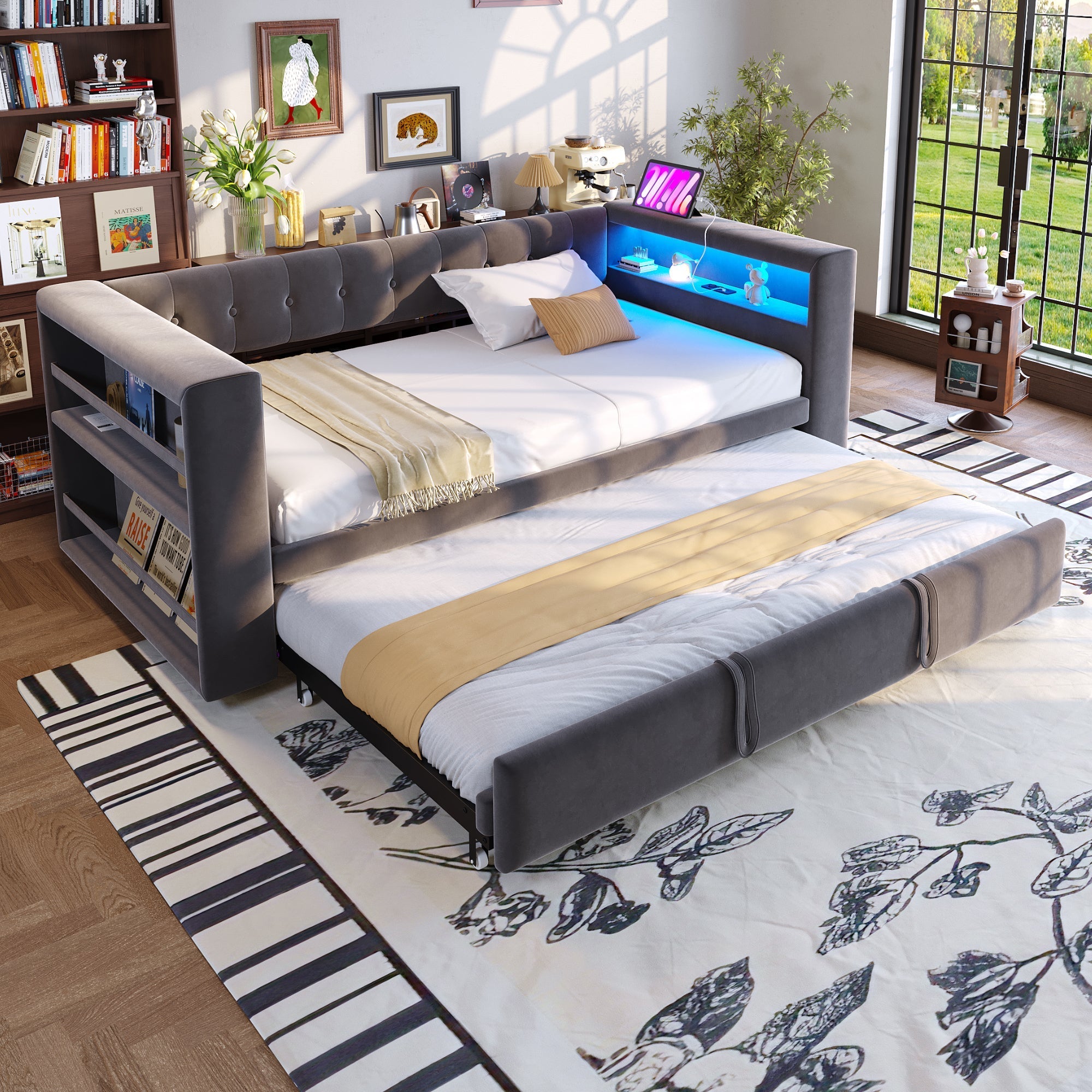 Upholstered Bed 90/180x190cm, LED Lighting, Sockets, Storage, Dark Grey