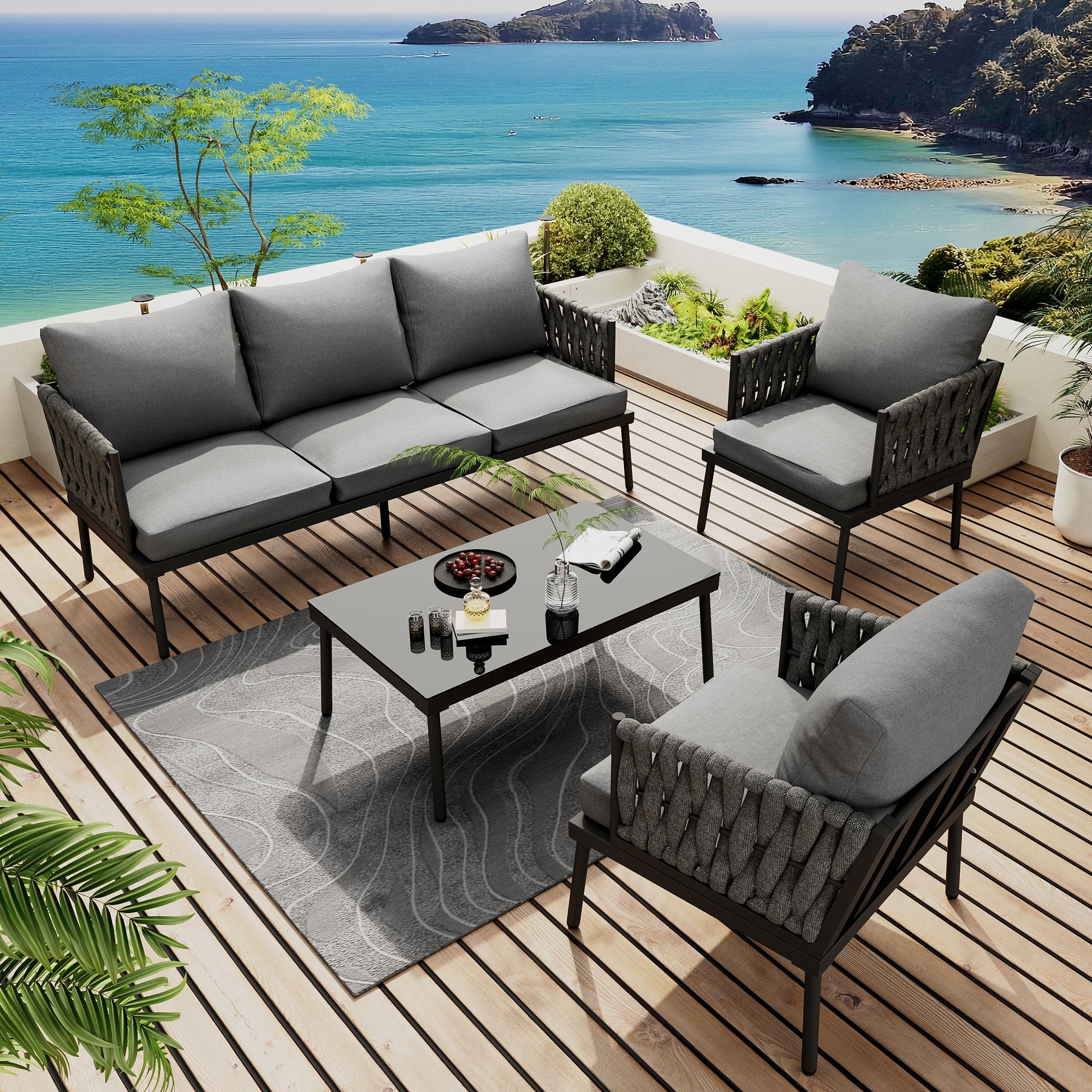 Garden Furniture Set with 3-Seater Sofa, 2 Armchairs and Coffee Table, Grey