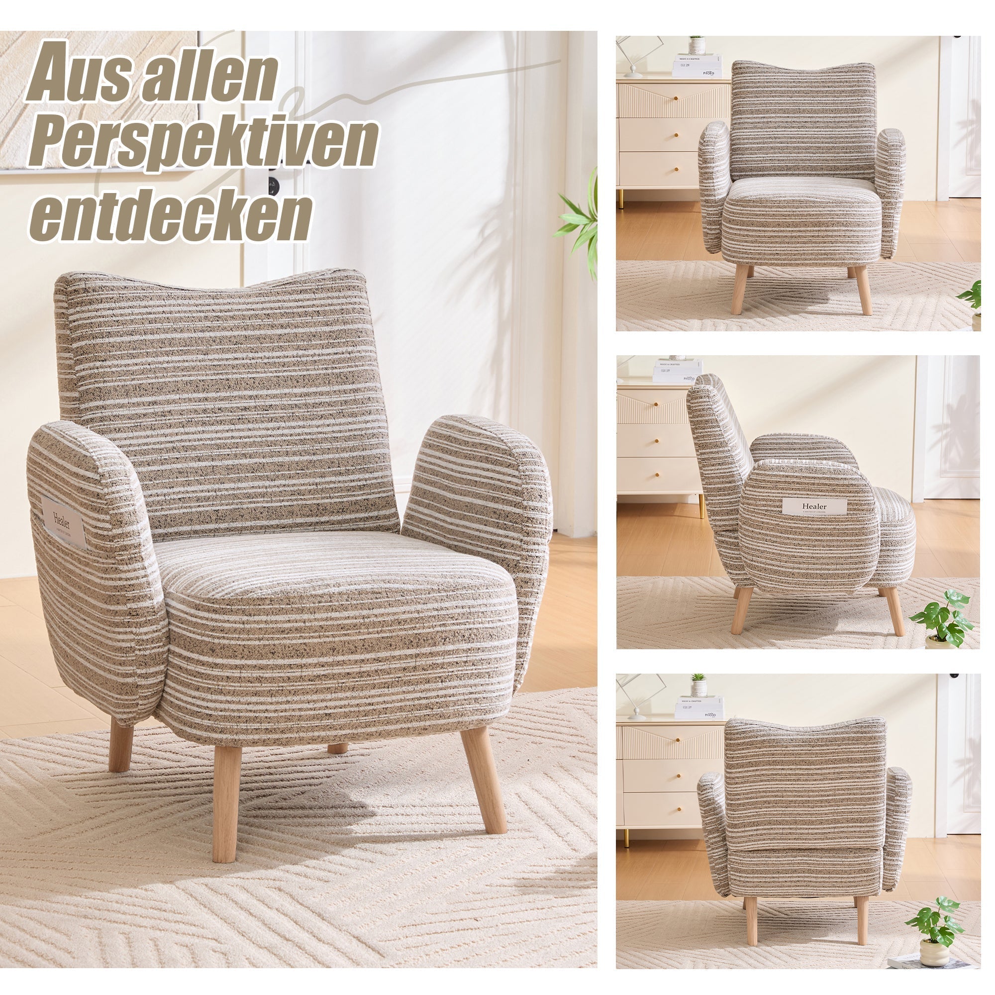 Modern Armchair with Side Pocket and Solid Wood Legs, Fabric with Circular Pattern
