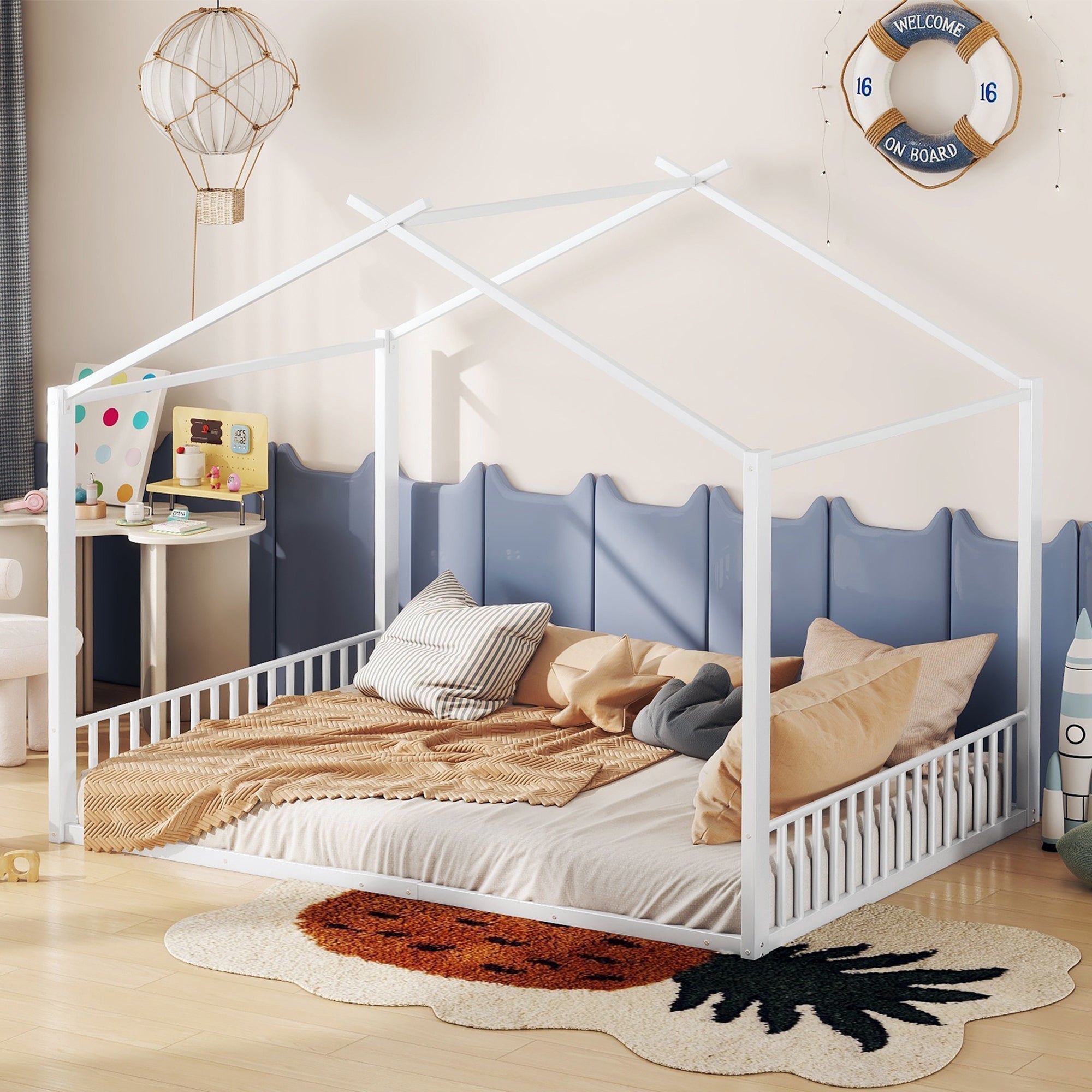 Upholstered Bed 140x200cm Iron Frame House Design - White