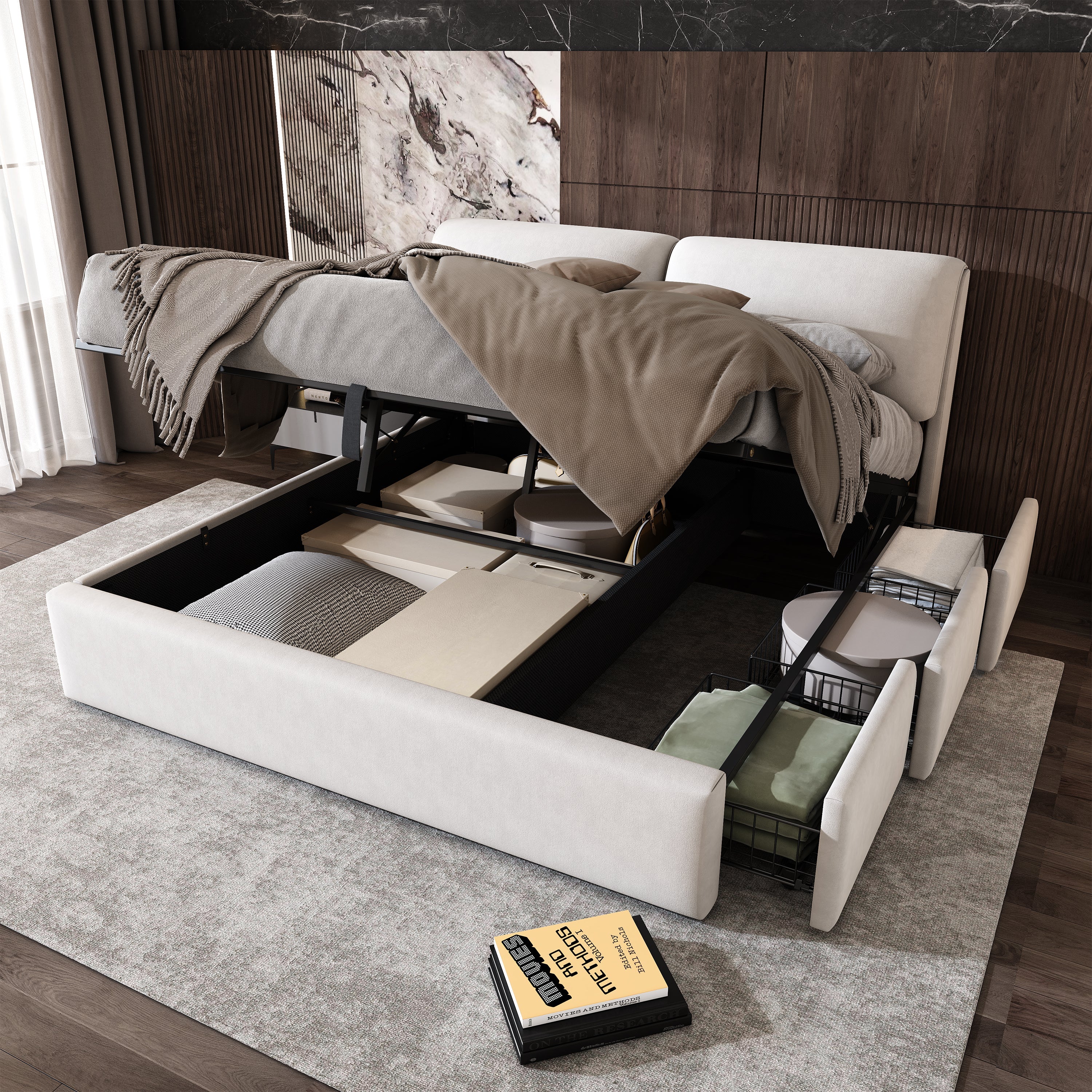 Upholstered Bed with Hydraulic Storage and 3 Drawers, 180x200cm, Beige Velvet