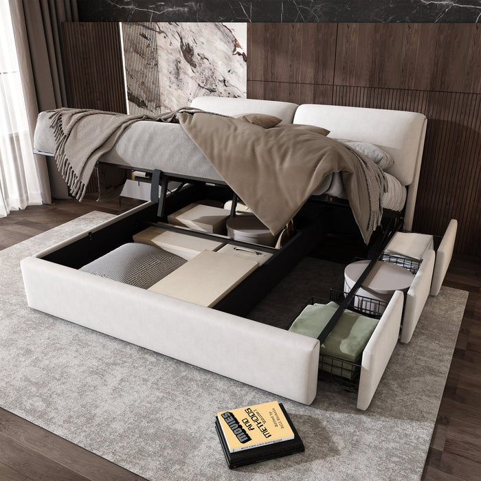 Upholstered Bed with Hydraulic Storage and 3 Drawers, 180x200cm, Beige Velvet