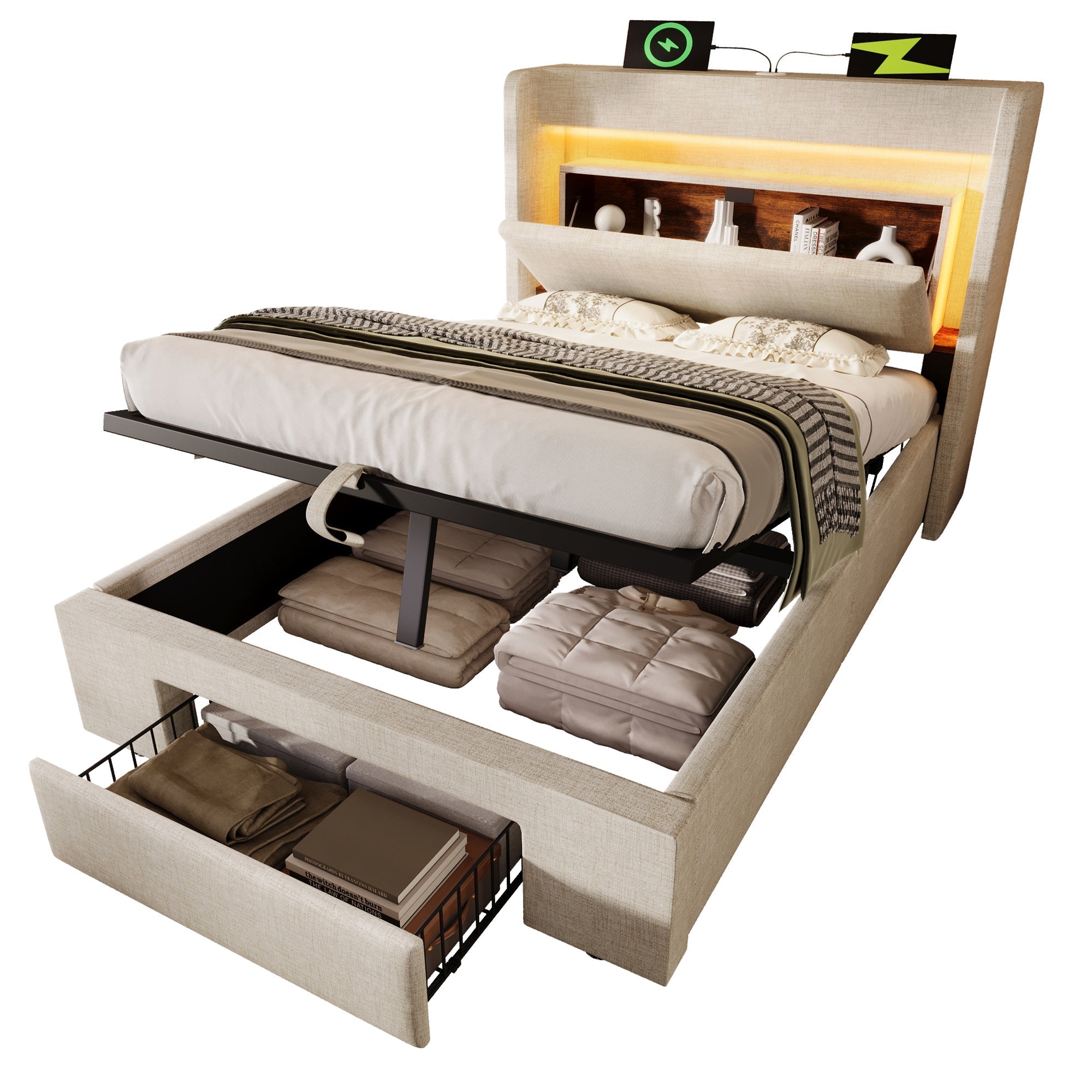 Upholstered Bed with Hydraulic Storage and LED Headboard, 90x200 cm with Mattress, Beige Linen
