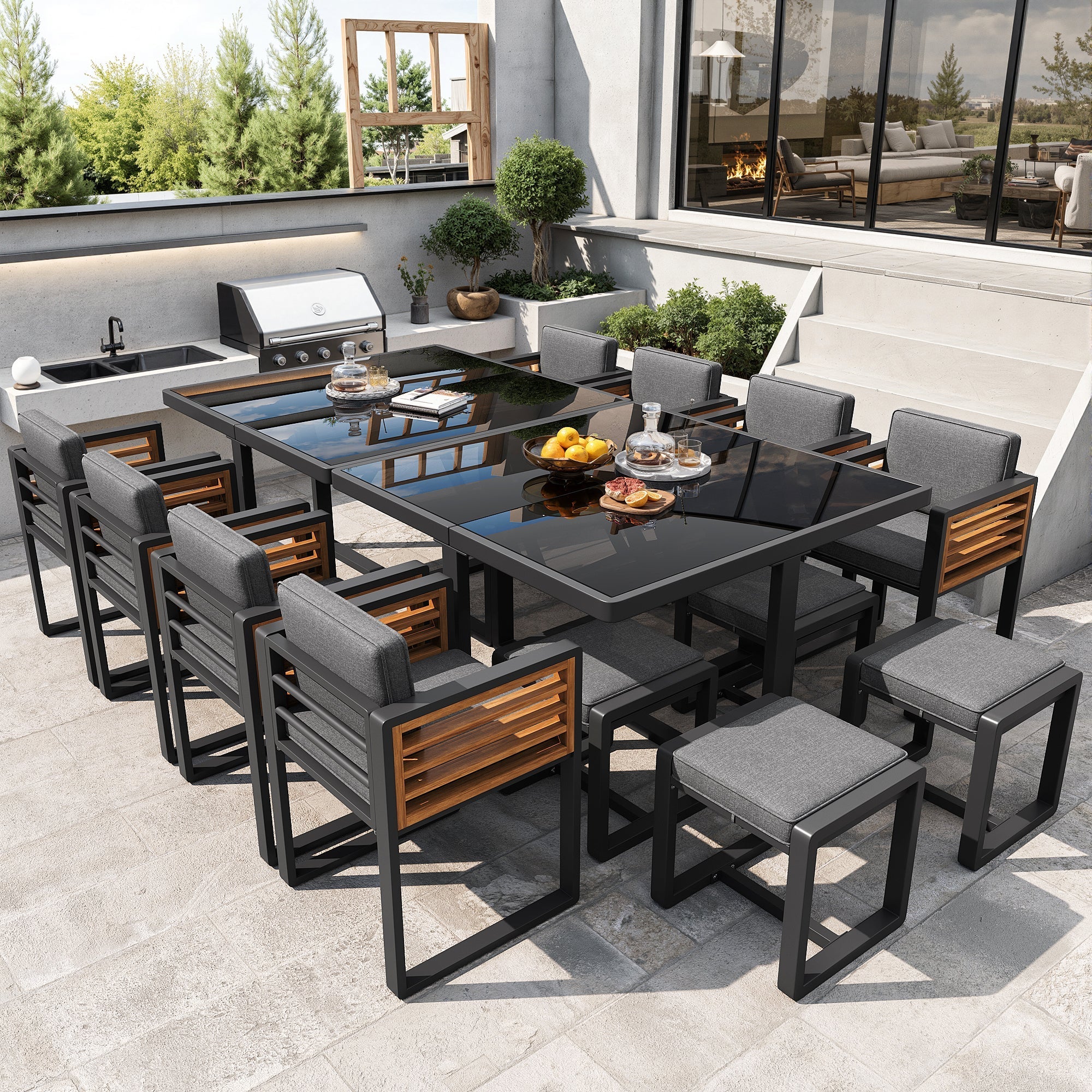 Garden Furniture Set with 12 Chairs and Table for 12 People, Glass Tabletop