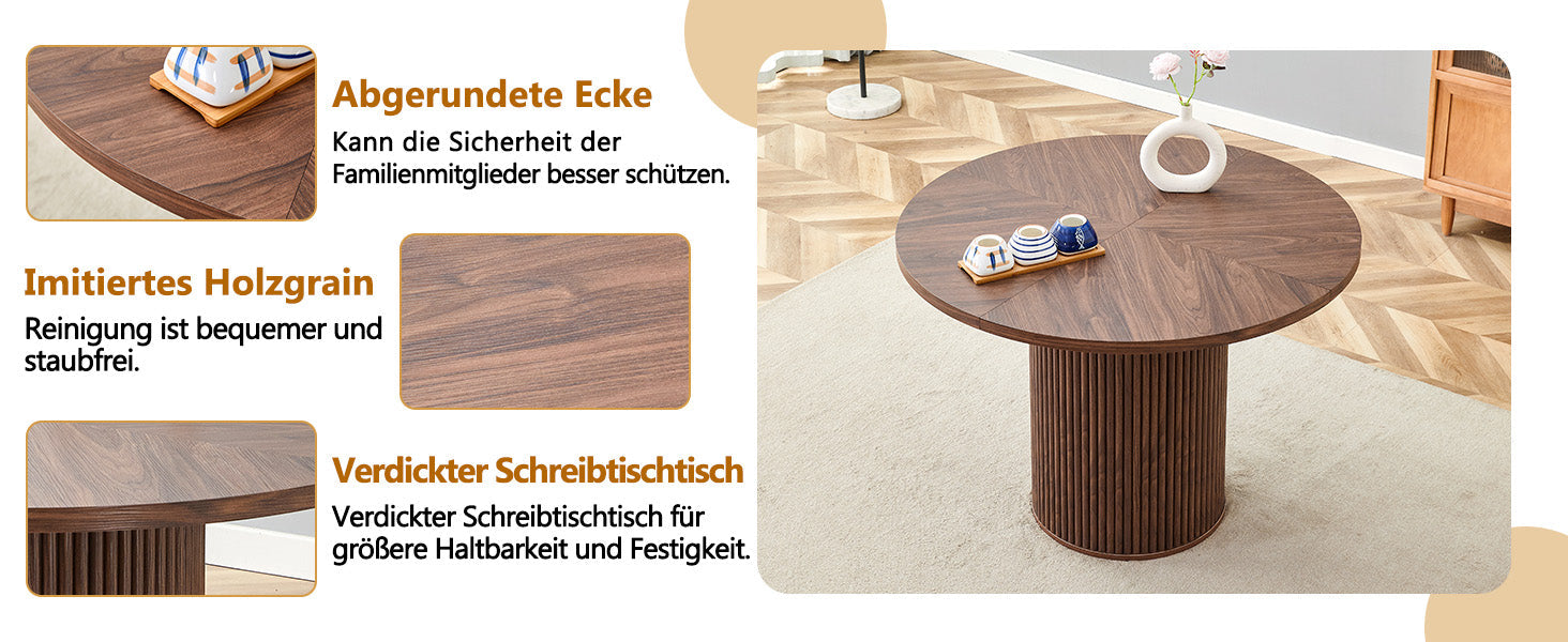 Round Dining Table 100cm 4-6 Seater Storage Cylindrical Leg - Walnut Look MDF