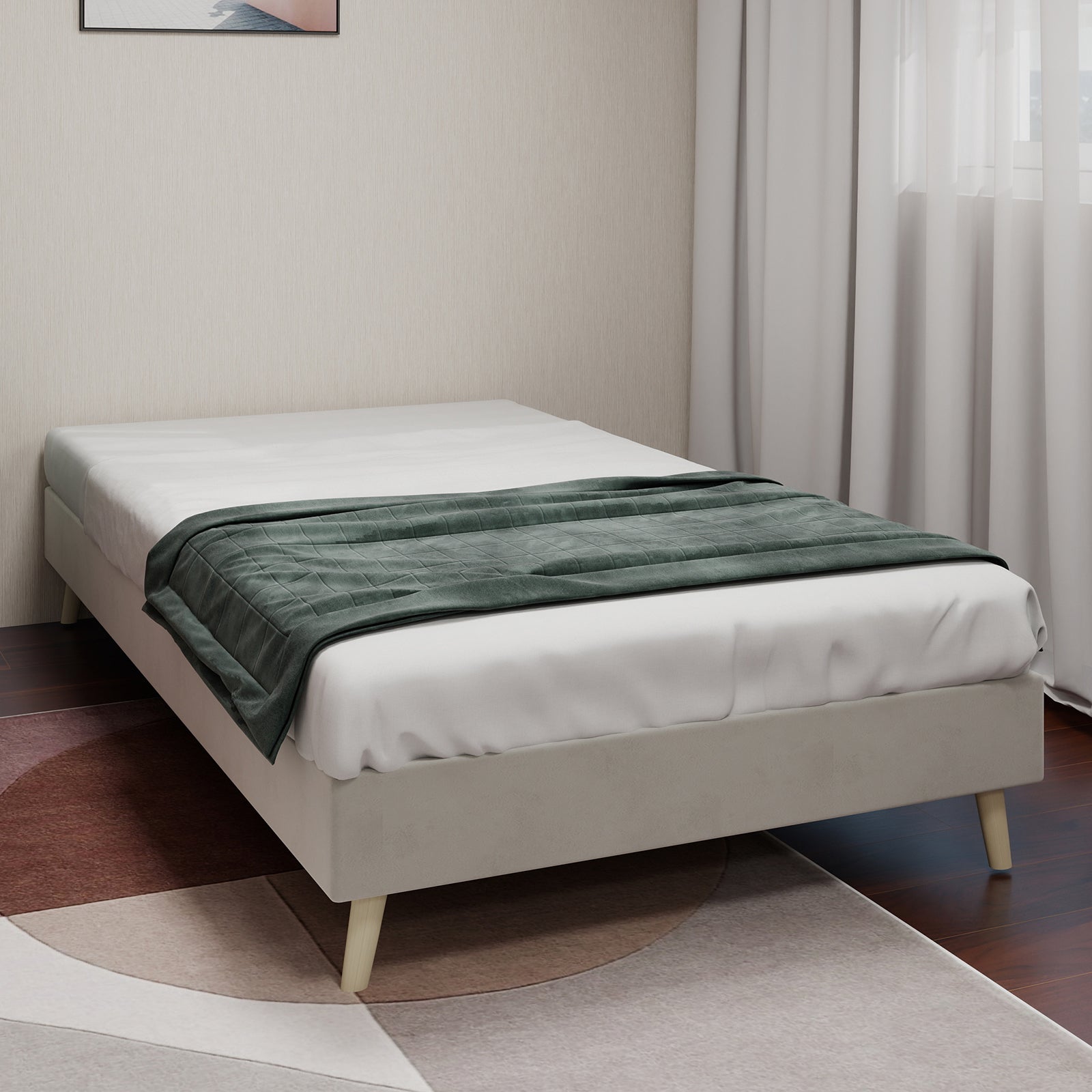 Modernes minimalistisches Bettgestell, 90x200 cm flaches Gestell, beiger holländischer Samt