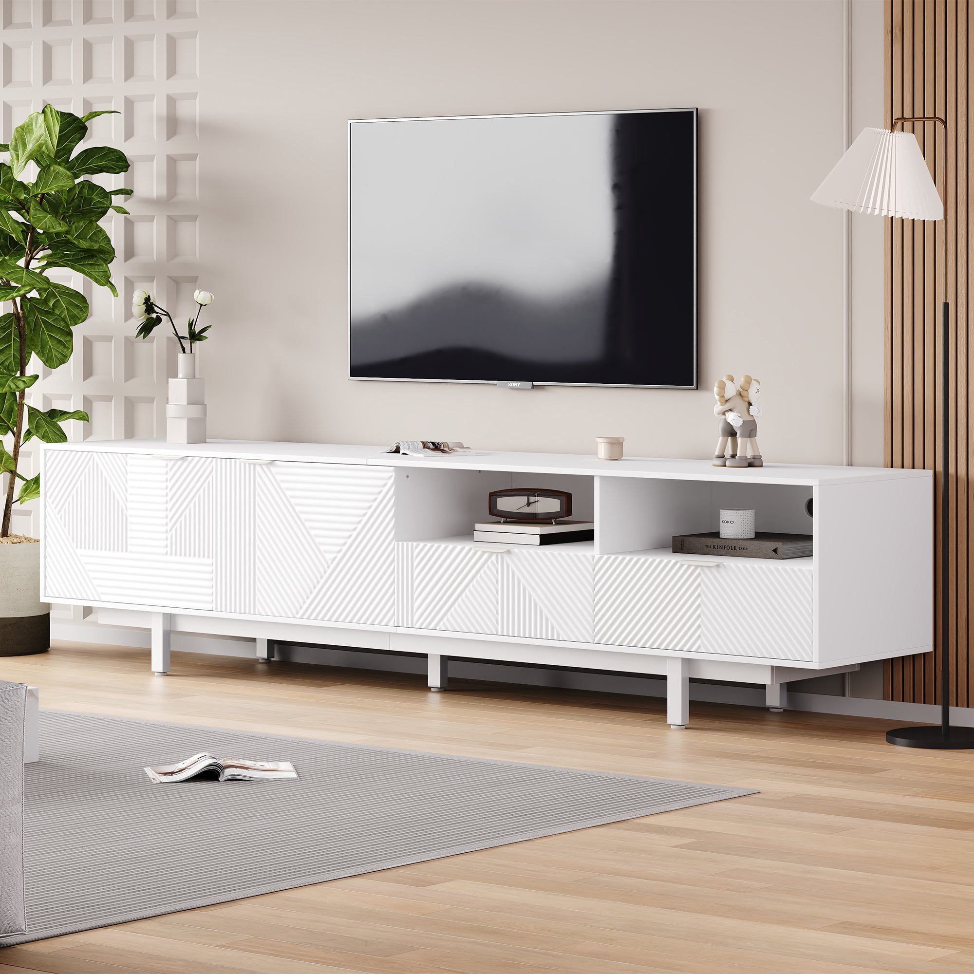 TV Cabinet, Modern Bohemian Abstract Geometric Lines, White, 200x40x51cm for 90-inch TVs